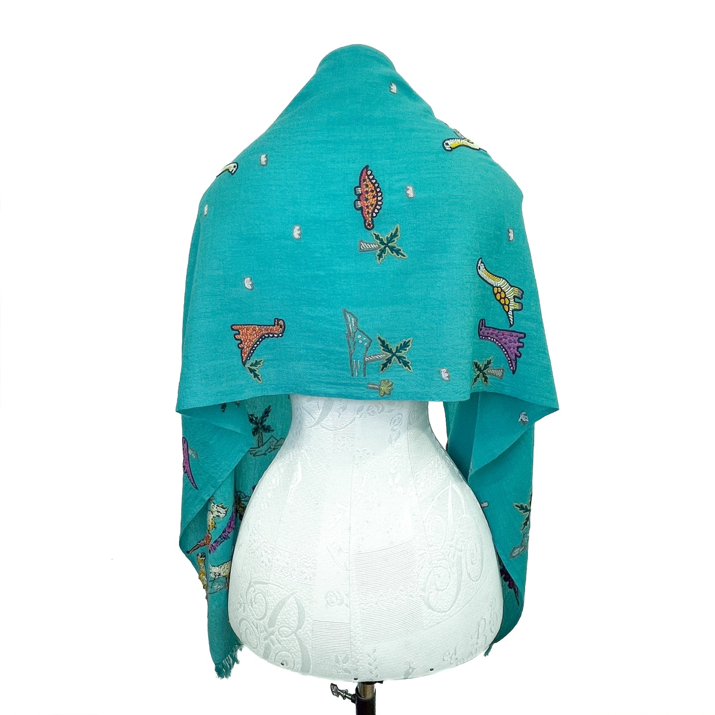 Dinosaur Wool Allie Hand Embroidered Stole (Turquoise)