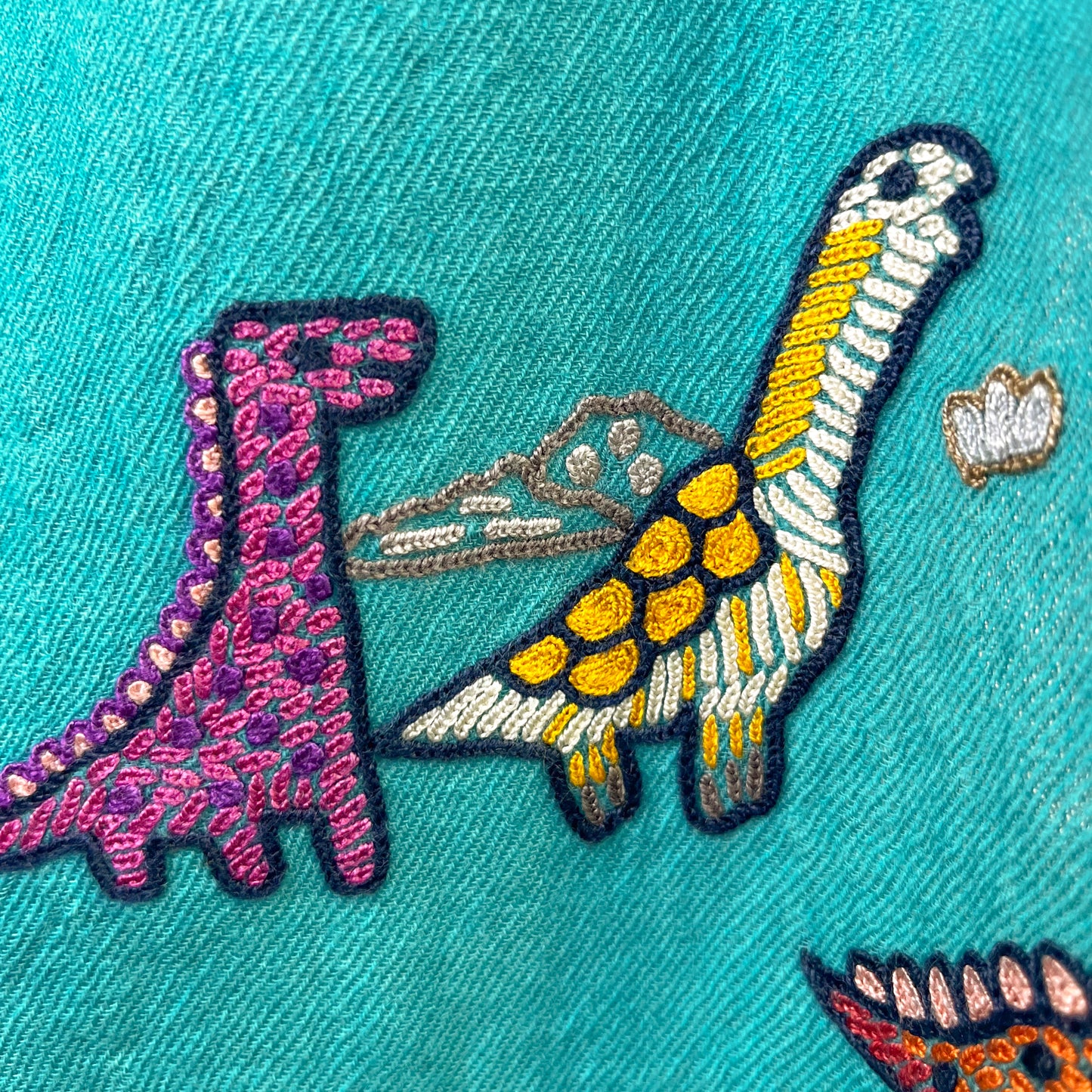 Dinosaur Wool Allie Hand Embroidered Stole (Turquoise)