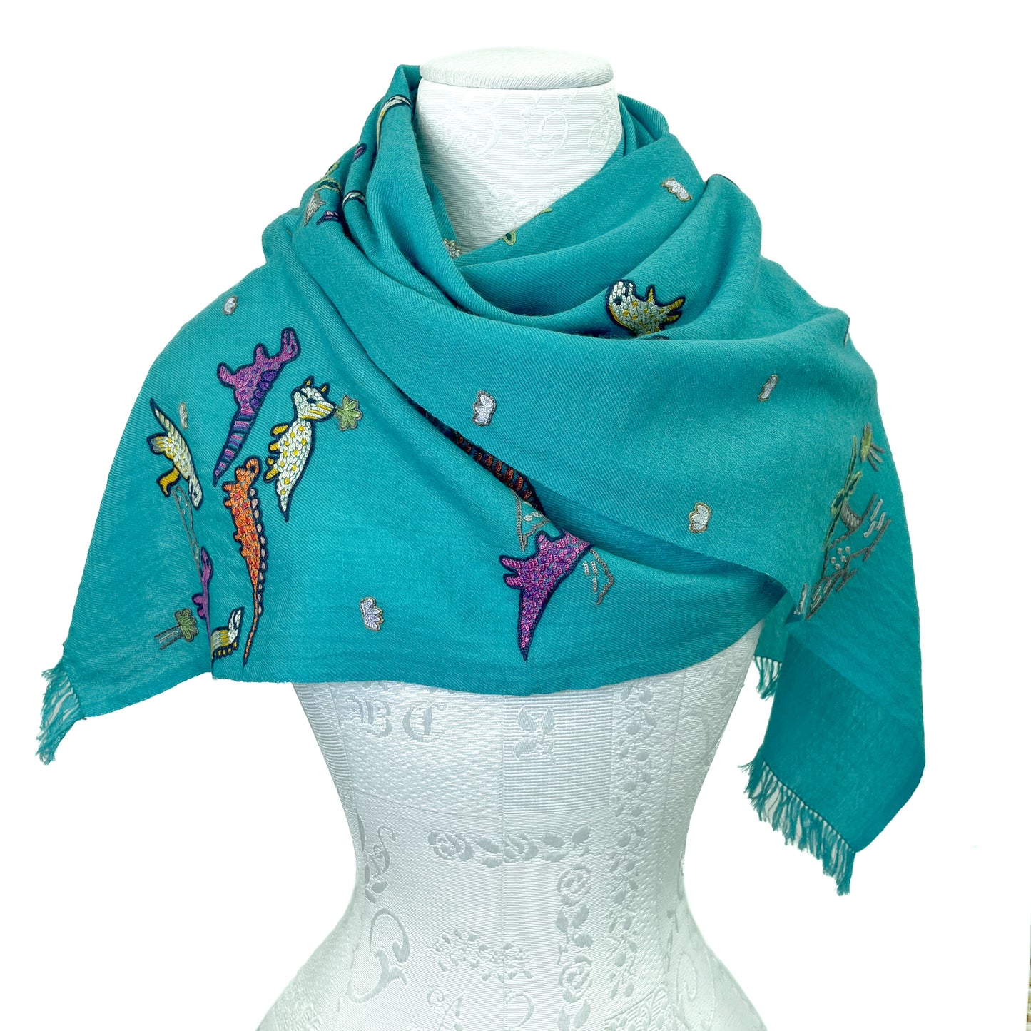 Dinosaur Wool Allie Hand Embroidered Stole (Turquoise)