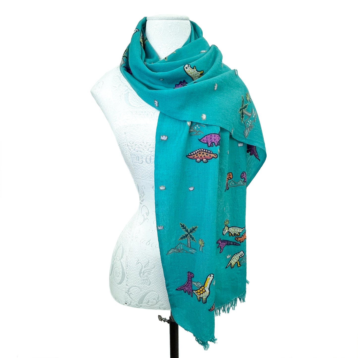 Dinosaur Wool Allie Hand Embroidered Stole (Turquoise)