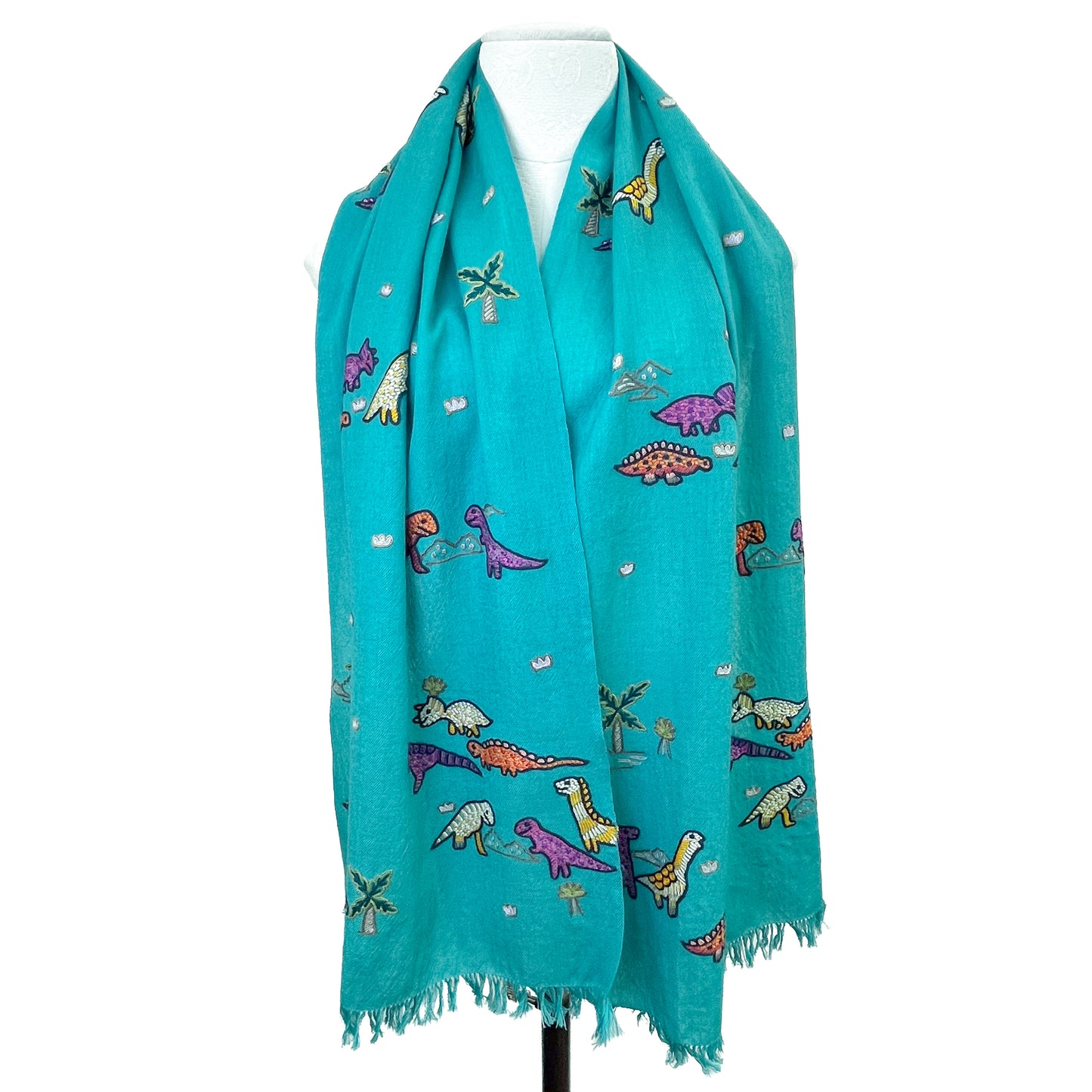Dinosaur Wool Allie Hand Embroidered Stole (Turquoise)