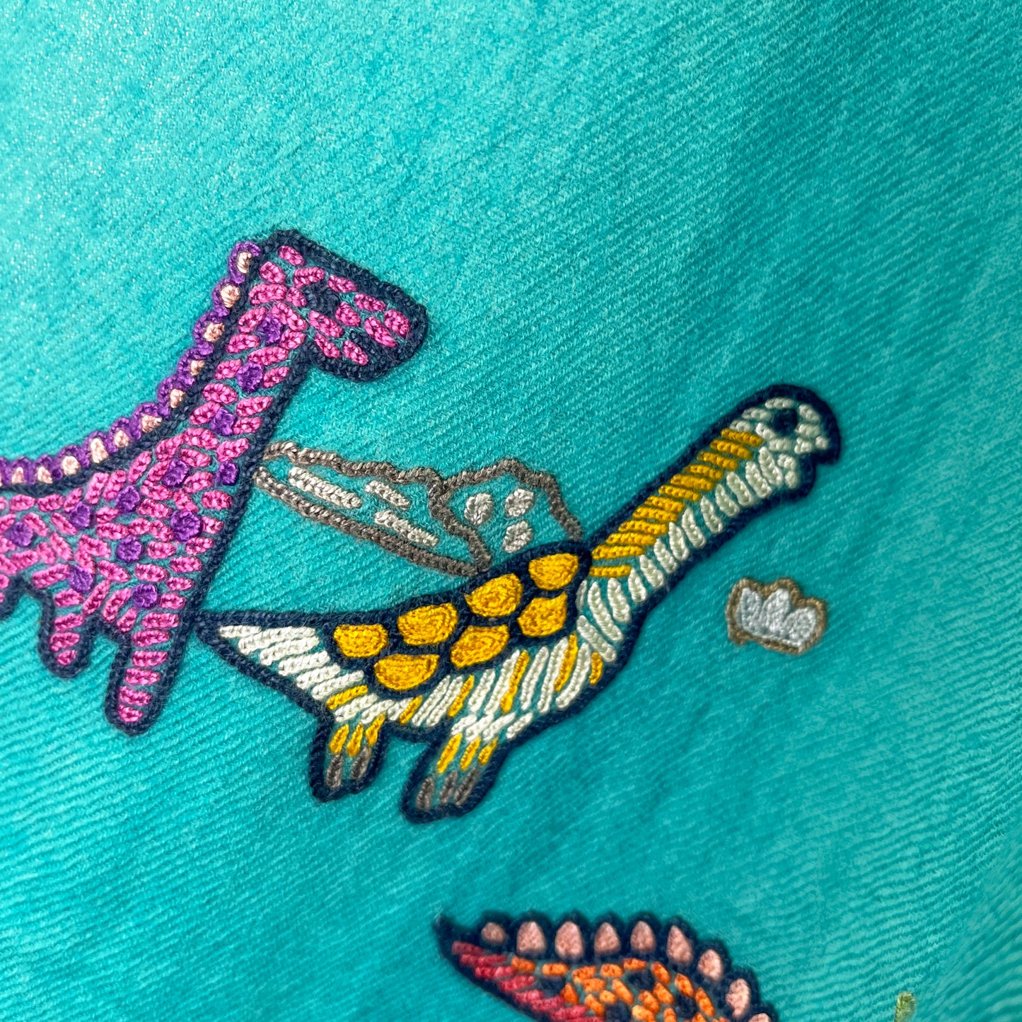 Dinosaur Wool Allie Hand Embroidered Stole (Turquoise)