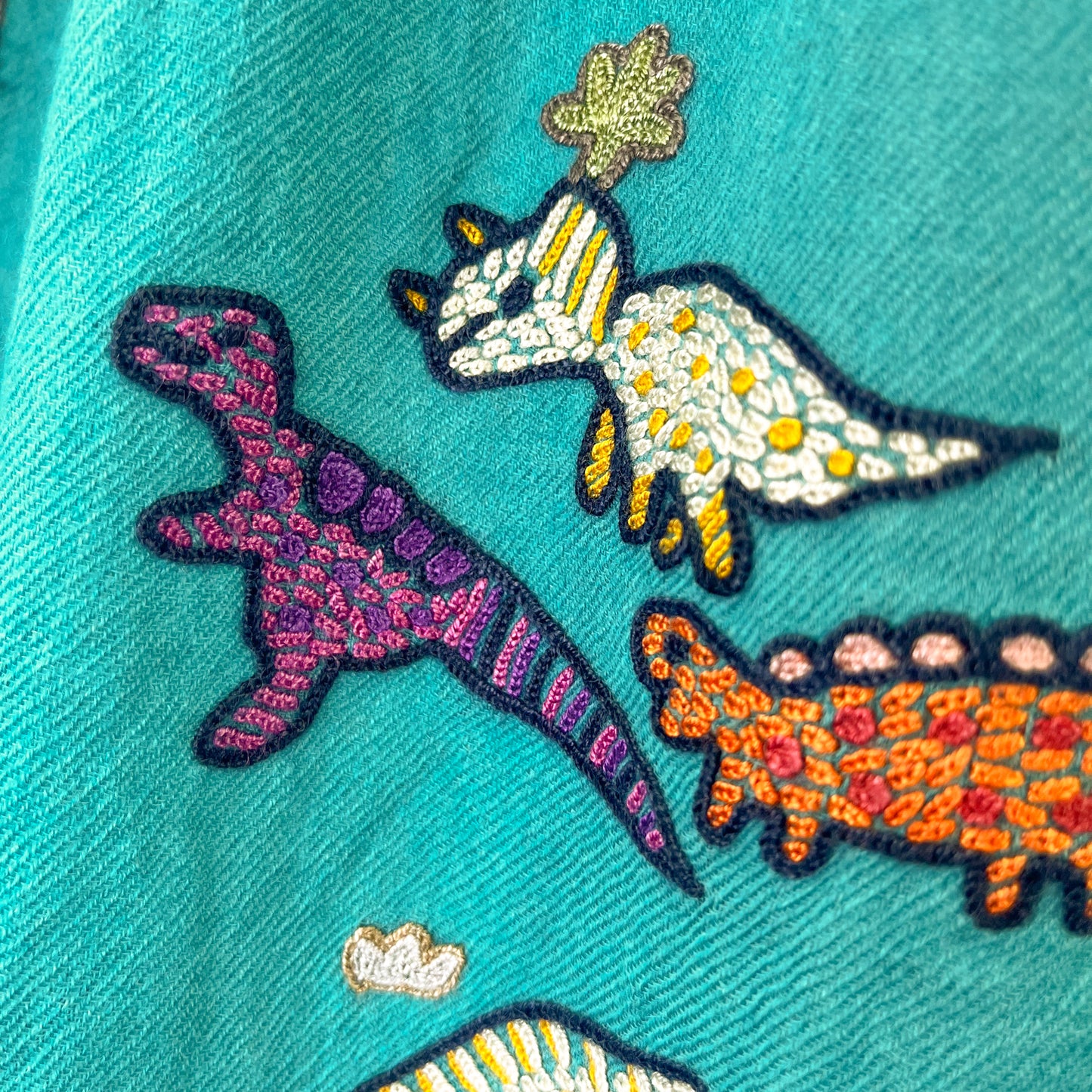 Dinosaur Wool Allie Hand Embroidered Stole (Turquoise)