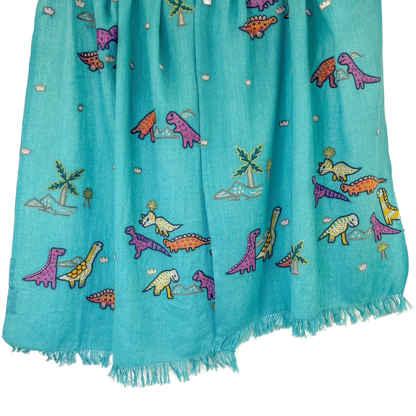 Dinosaur Wool Allie Hand Embroidered Stole (Turquoise)