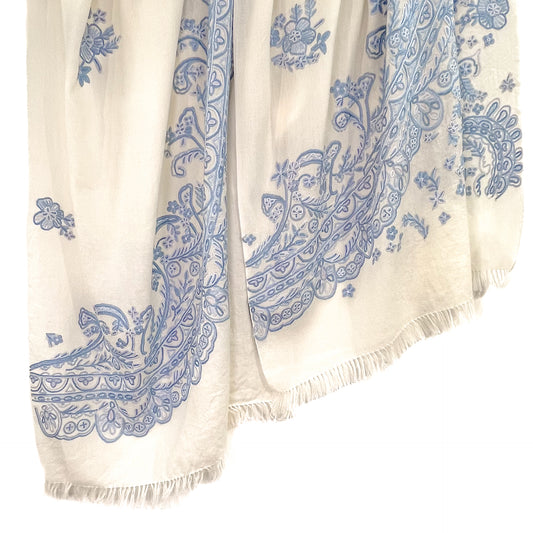 Wool Arri Hand Embroidered Stole (White/Light Blue)