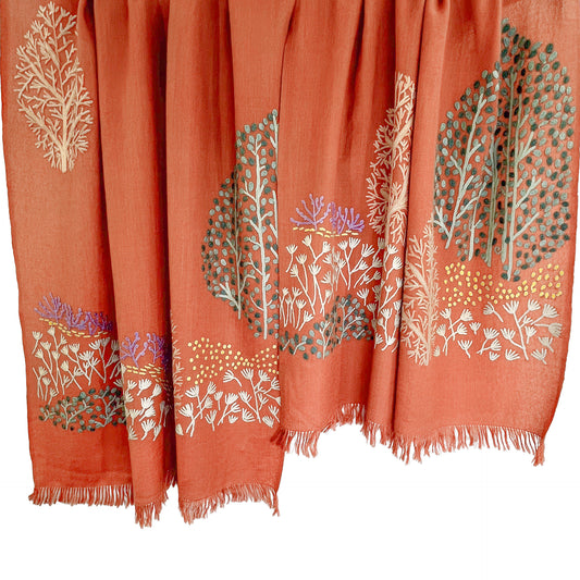 TREE ウール アリー手刺繍ストール (オレンジ)