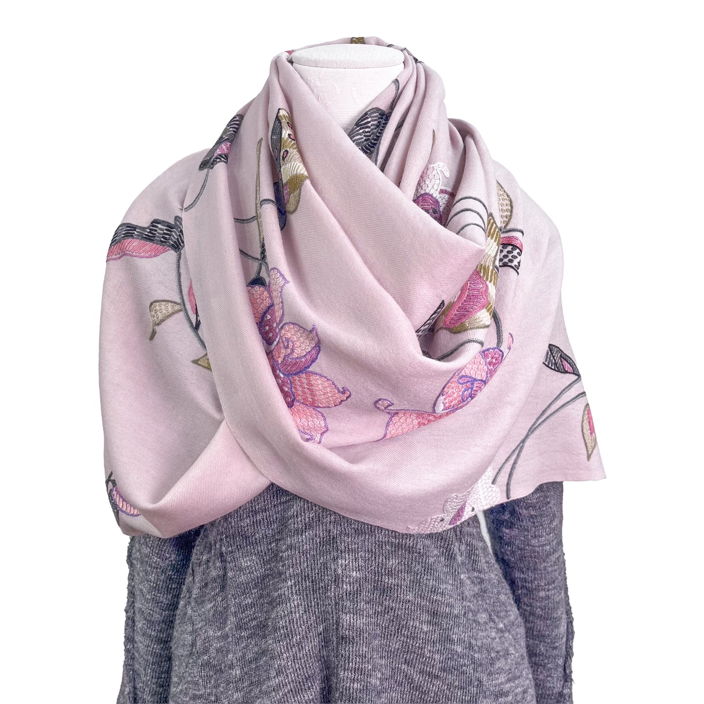 [Free Shipping] Flower Wool &amp; Silk Hand Embroidered Stole 60cm x 190cm (Light Gray)