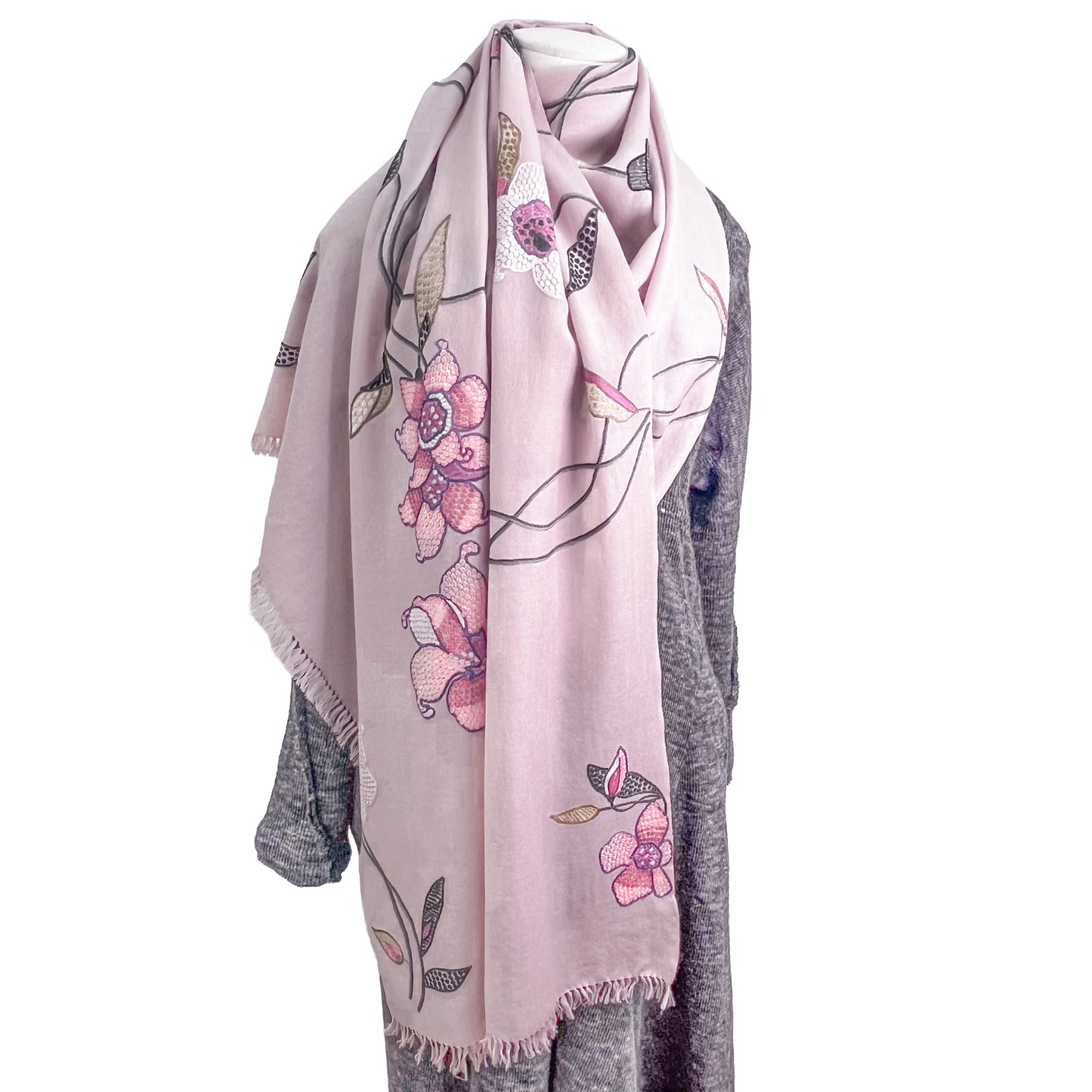 [Free Shipping] Flower Wool &amp; Silk Hand Embroidered Stole 60cm x 190cm (Light Gray)