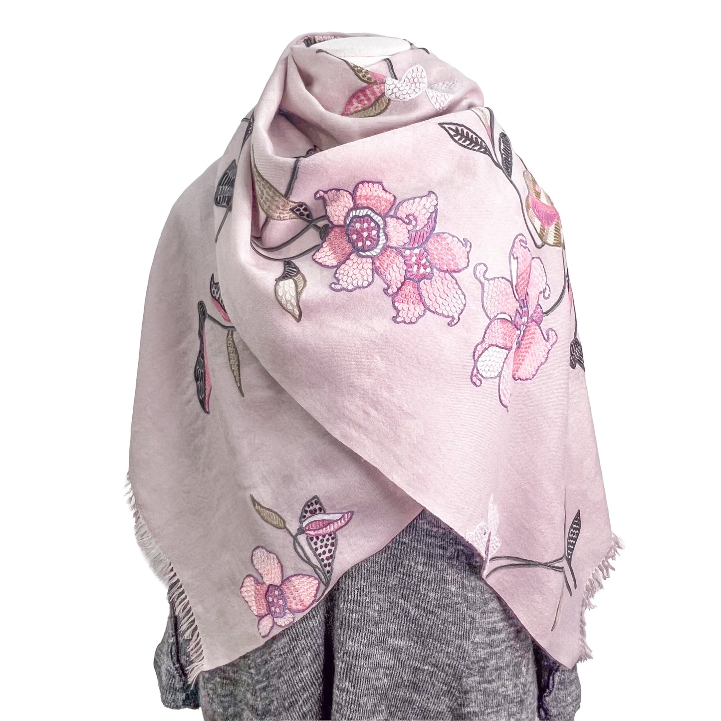 [Free Shipping] Flower Wool &amp; Silk Hand Embroidered Stole 60cm x 190cm (Light Gray)