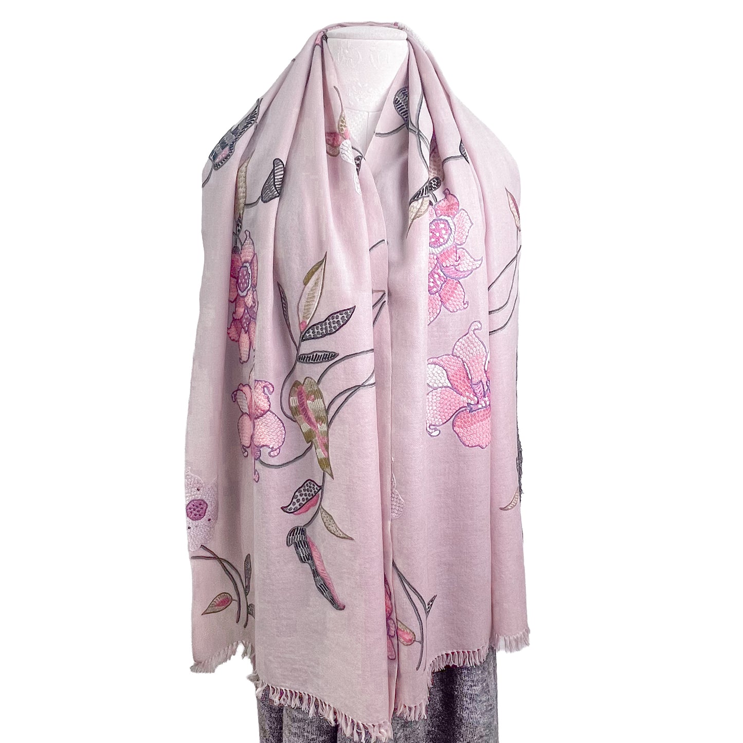[Free Shipping] Flower Wool &amp; Silk Hand Embroidered Stole 60cm x 190cm (Light Gray)