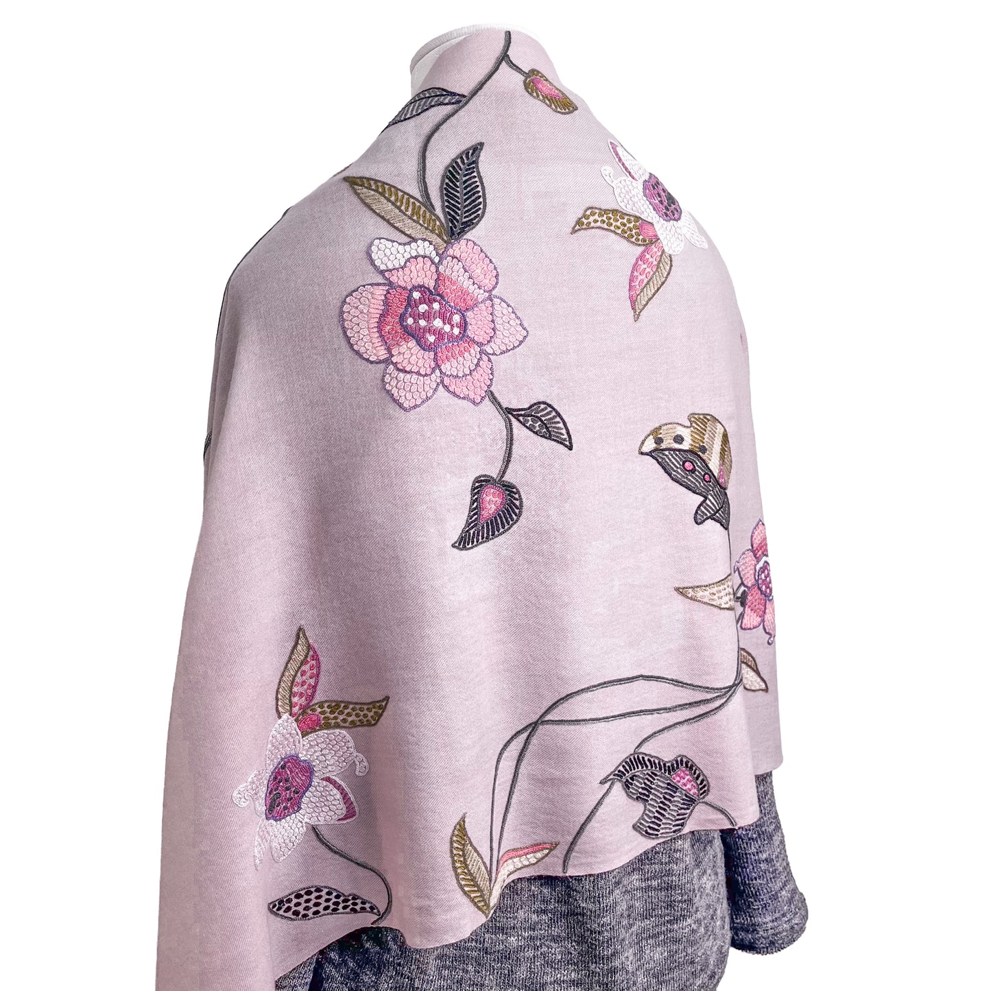 [Free Shipping] Flower Wool &amp; Silk Hand Embroidered Stole 60cm x 190cm (Light Gray)