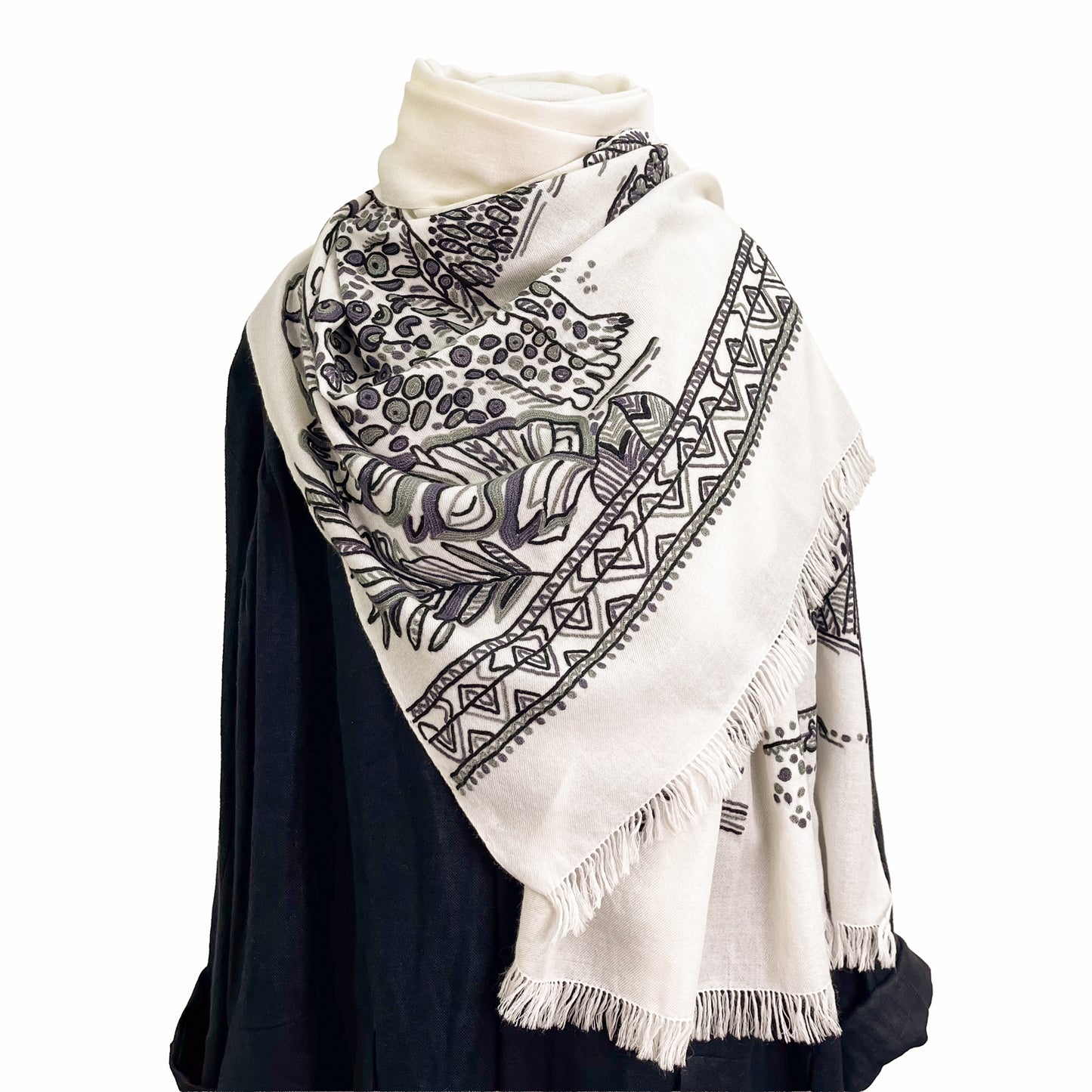 ウール アリー手刺繍ストール (ホワイト/ブラック)