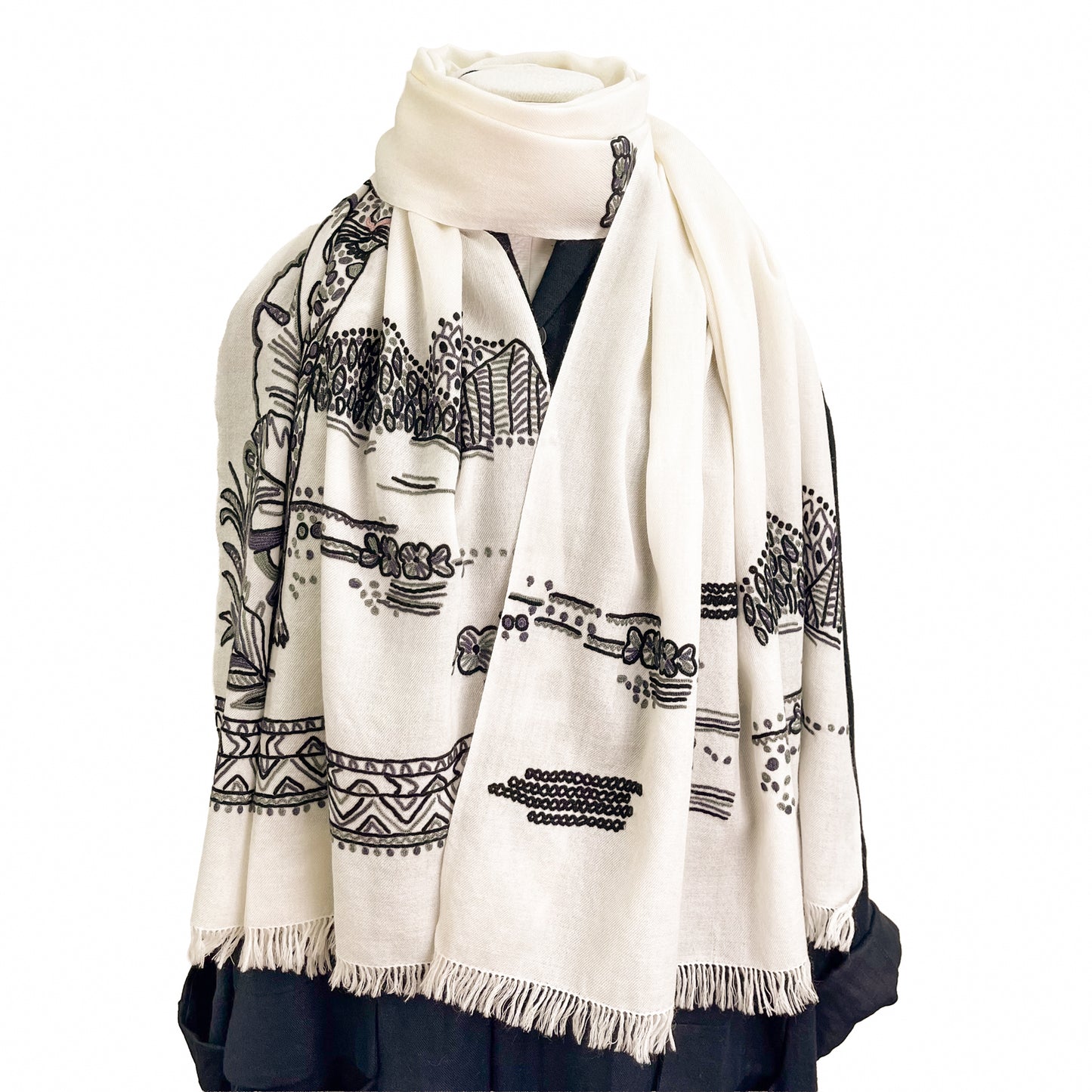 ウール アリー手刺繍ストール (ホワイト/ブラック)