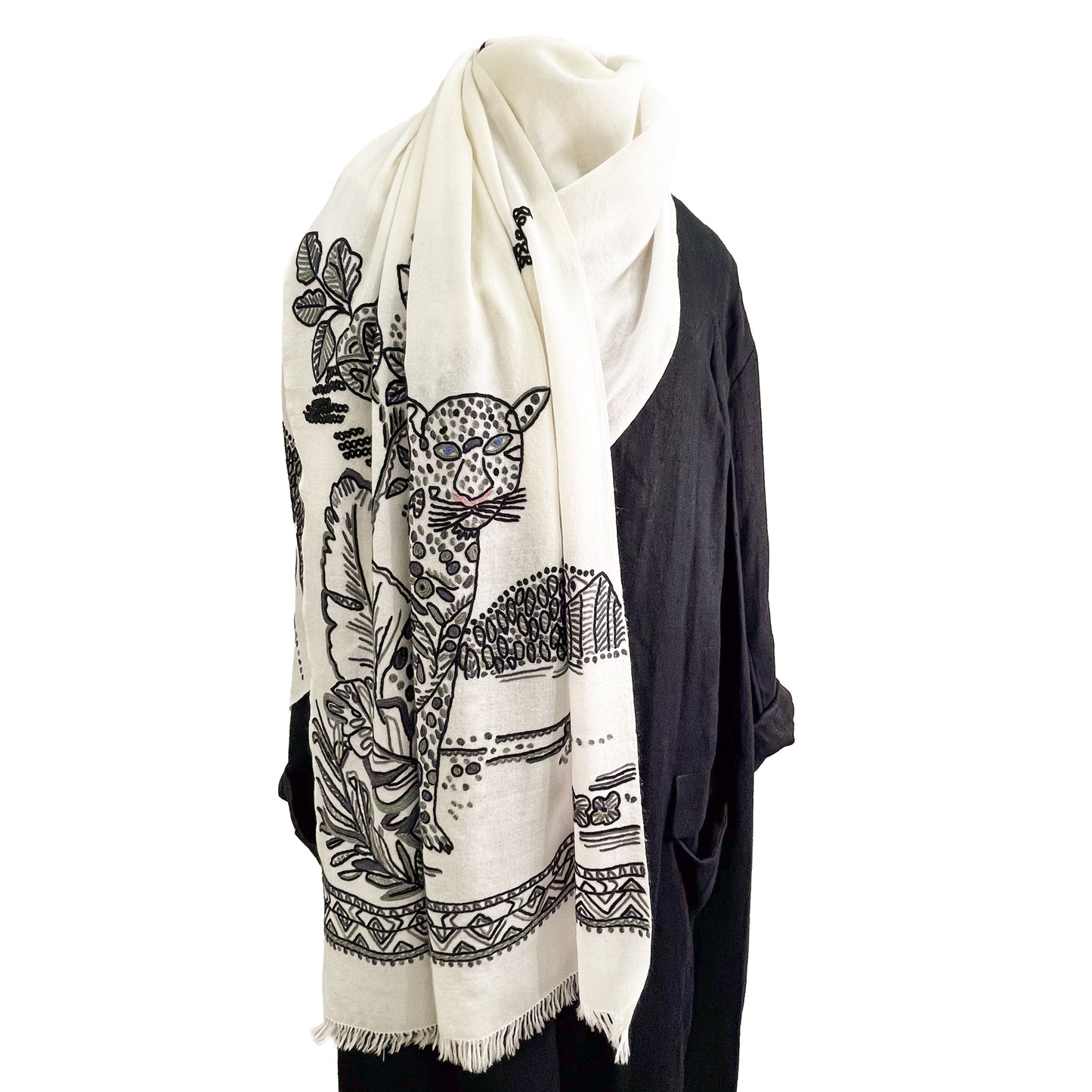ウール アリー手刺繍ストール (ホワイト/ブラック)