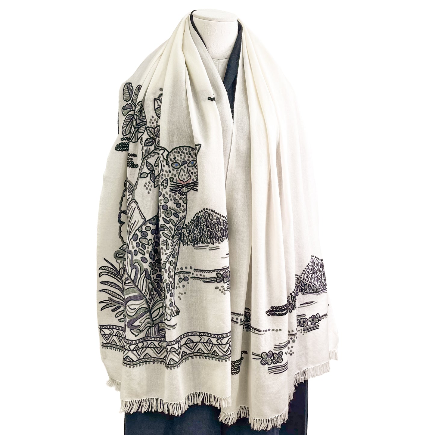 ウール アリー手刺繍ストール (ホワイト/ブラック)