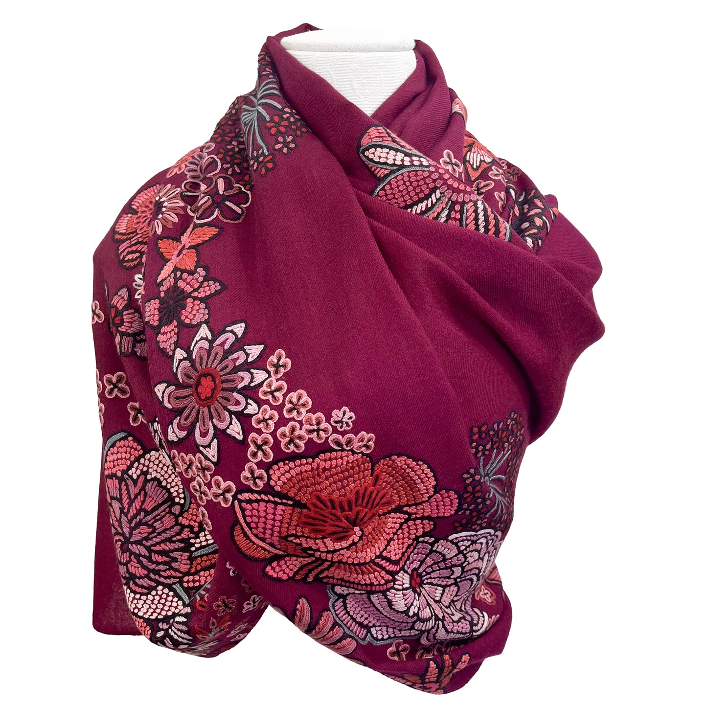 FLOWER MERRY GO ROUND ウール アリー手刺繍ストール (ラディッシュパープル)