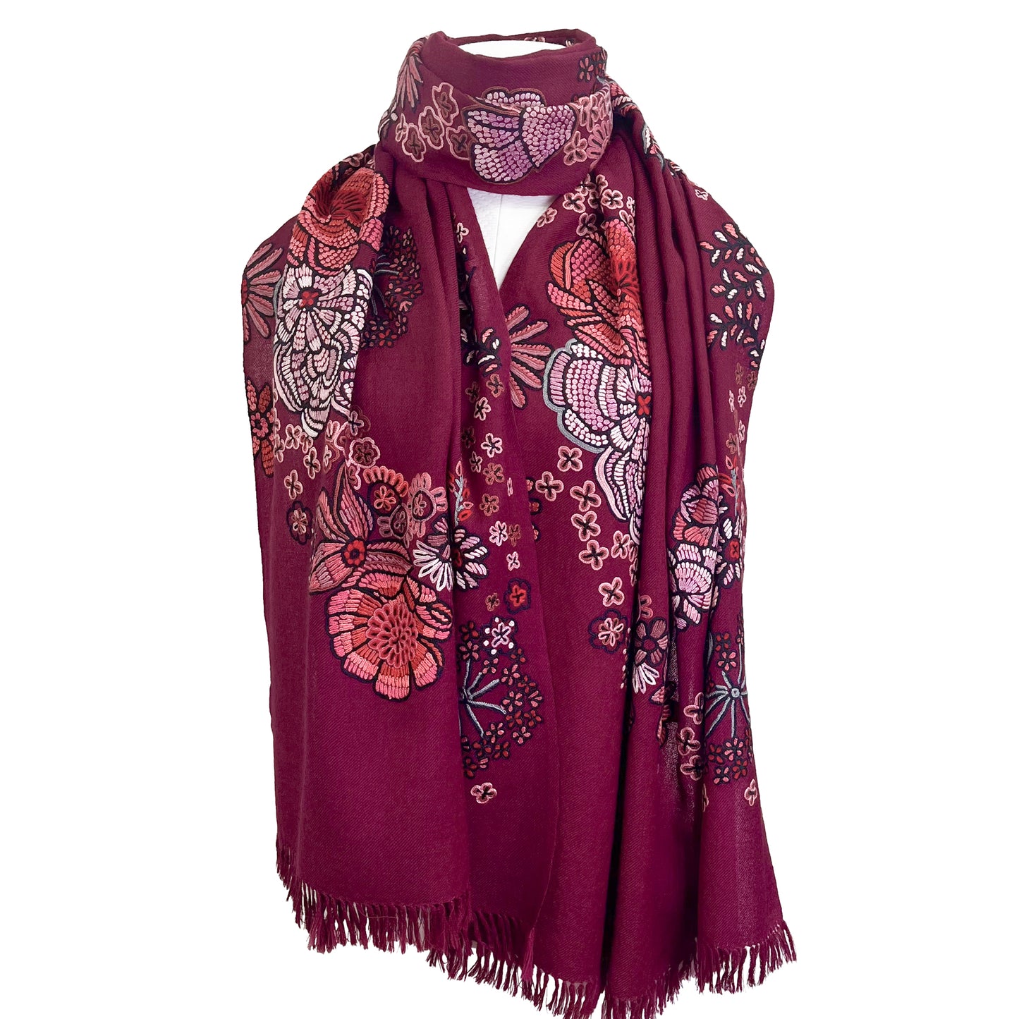 FLOWER MERRY GO ROUND ウール アリー手刺繍ストール (ラディッシュパープル)