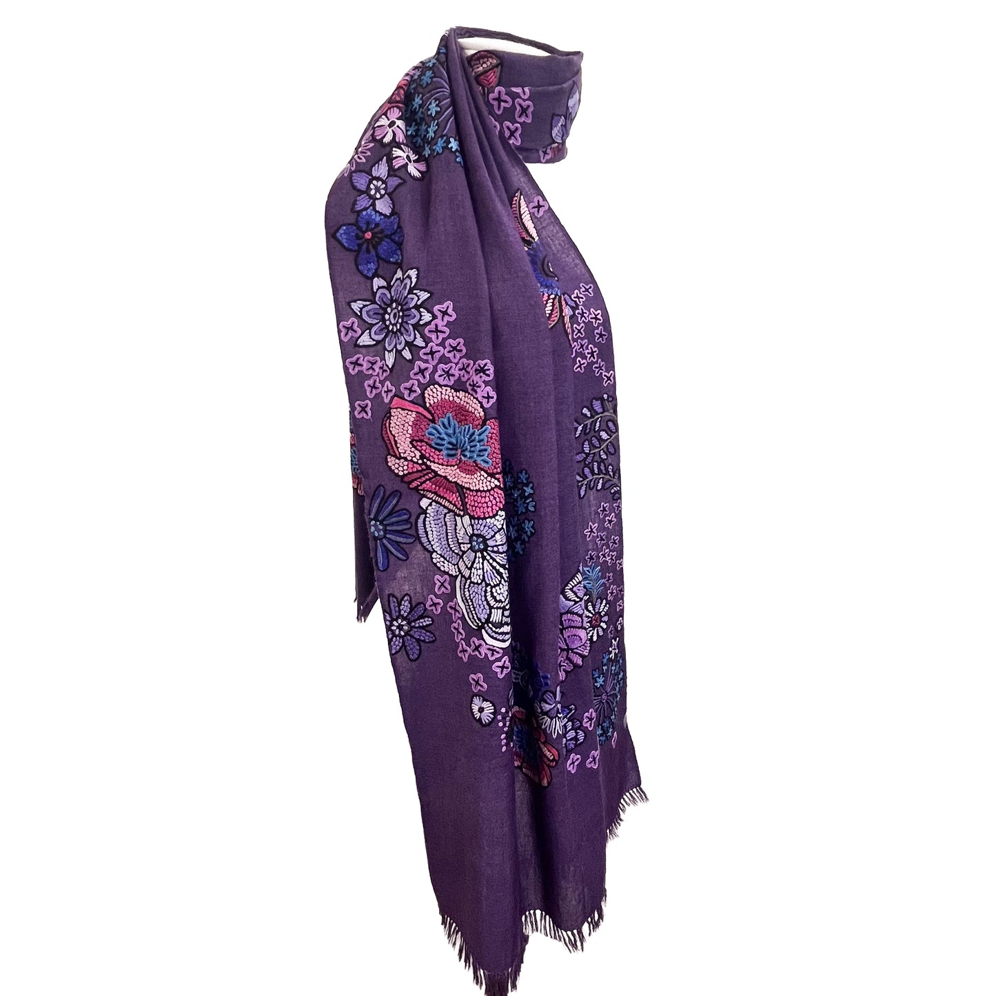 FLOWER MERRY GO ROUND ウール アリー手刺繍ストール (ダークパープル)