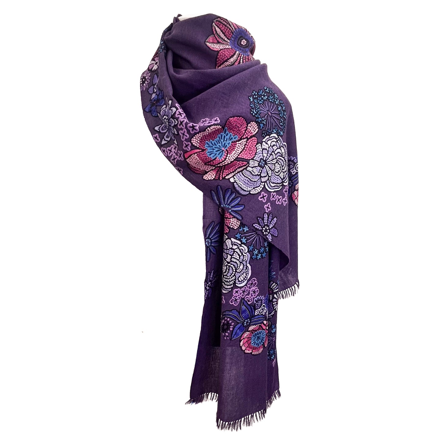 FLOWER MERRY GO ROUND ウール アリー手刺繍ストール (ダークパープル)