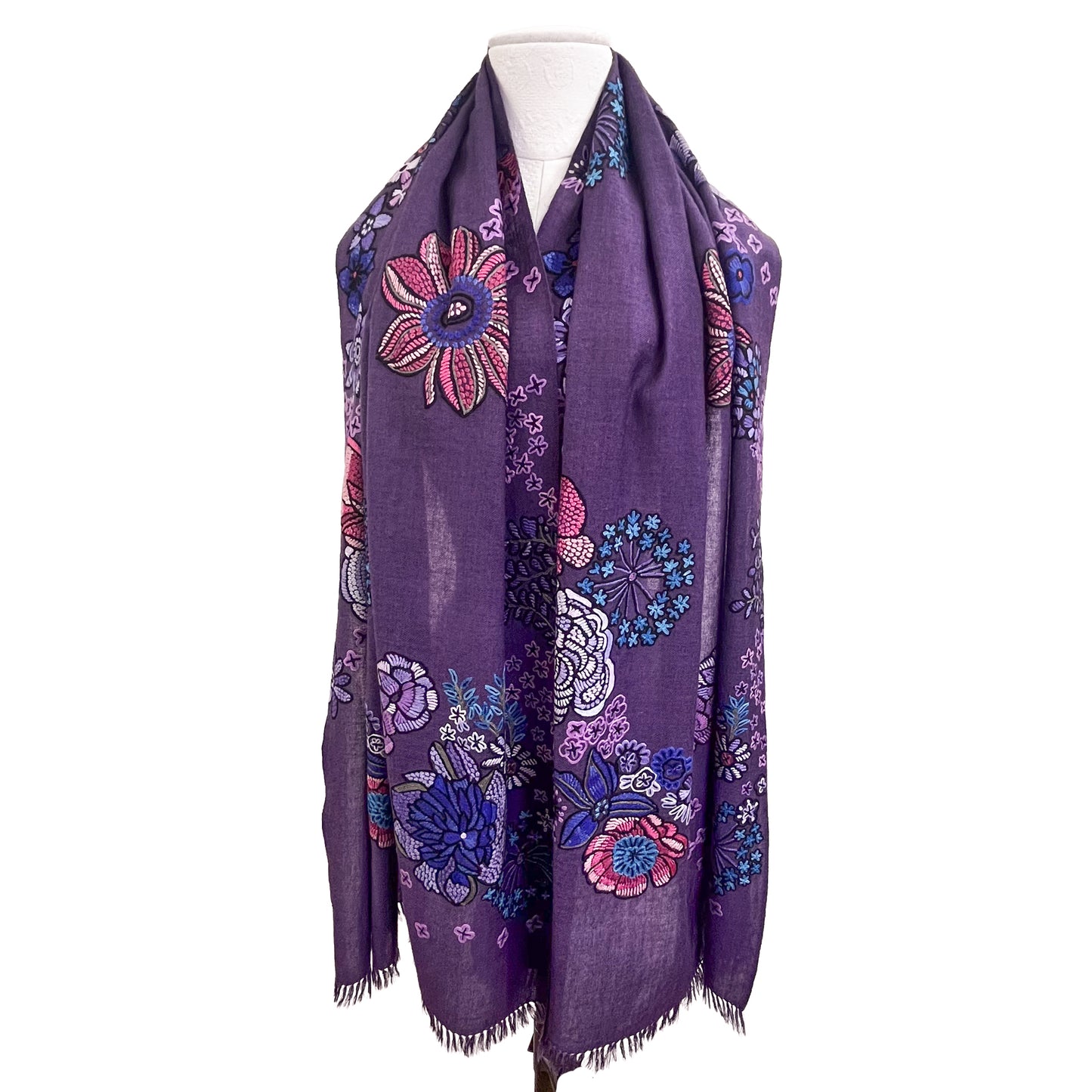 FLOWER MERRY GO ROUND ウール アリー手刺繍ストール (ダークパープル)