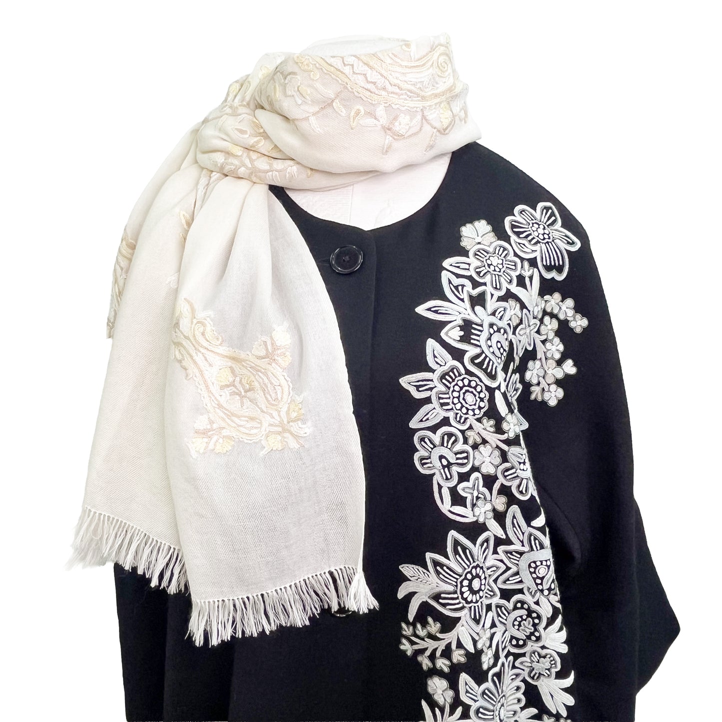 [Free Shipping] Flower Motif Wool Allie Hand Embroidered Stole 50cm x 190cm (Gray)