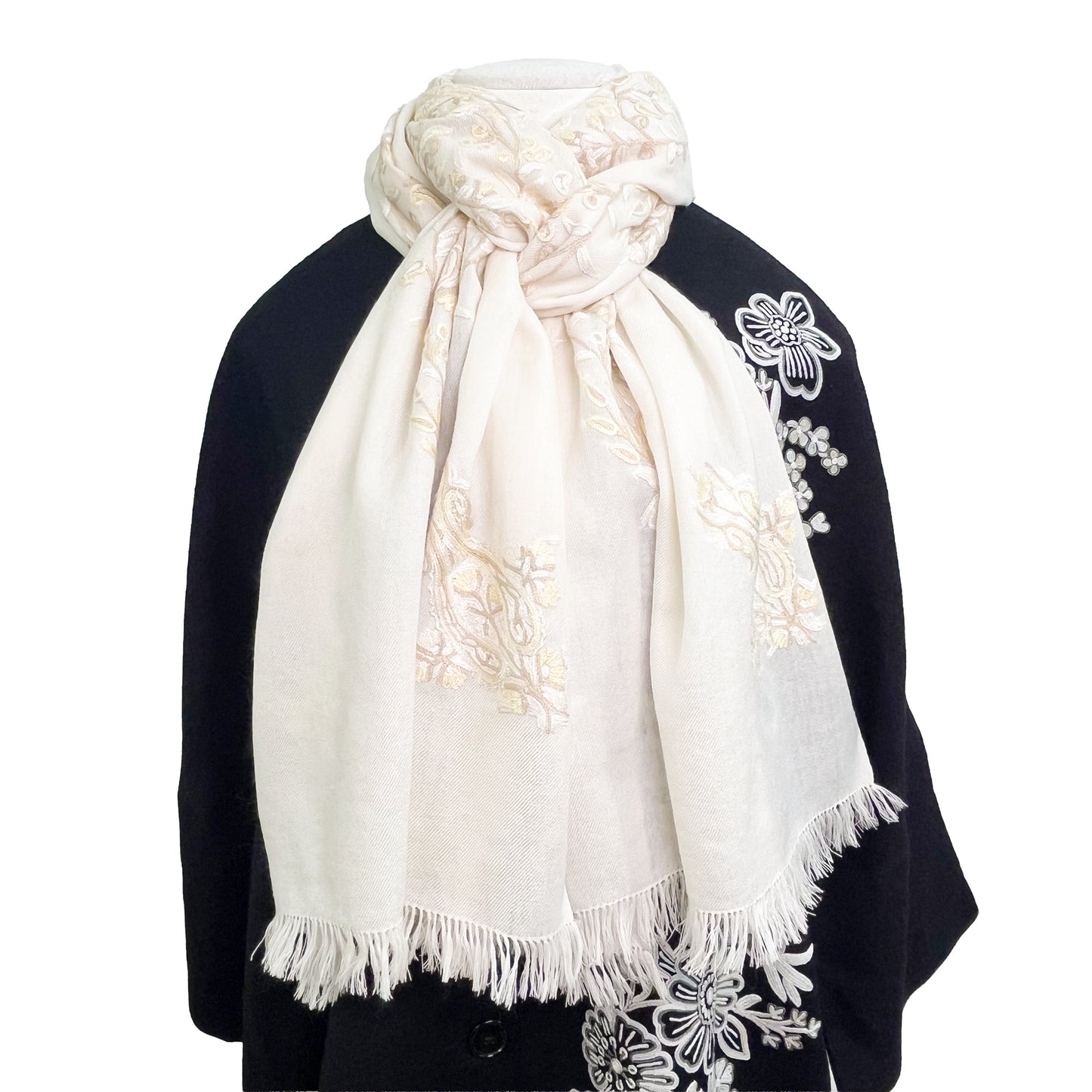 [Free Shipping] Flower Motif Wool Allie Hand Embroidered Stole 50cm x 190cm (Gray)