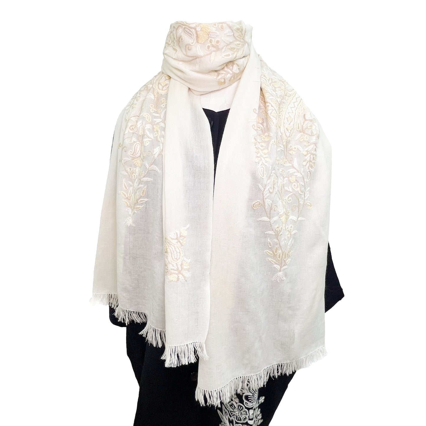 [Free Shipping] Flower Motif Wool Allie Hand Embroidered Stole 50cm x 190cm (Gray)