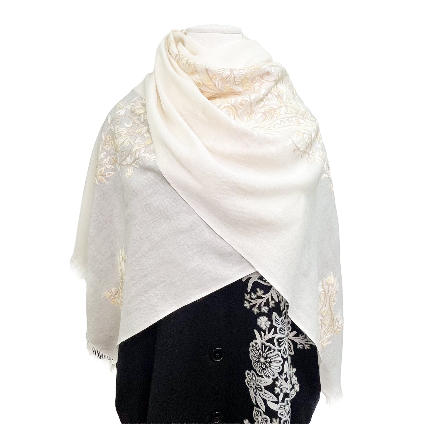 [Free Shipping] Flower Motif Wool Allie Hand Embroidered Stole 50cm x 190cm (Gray)
