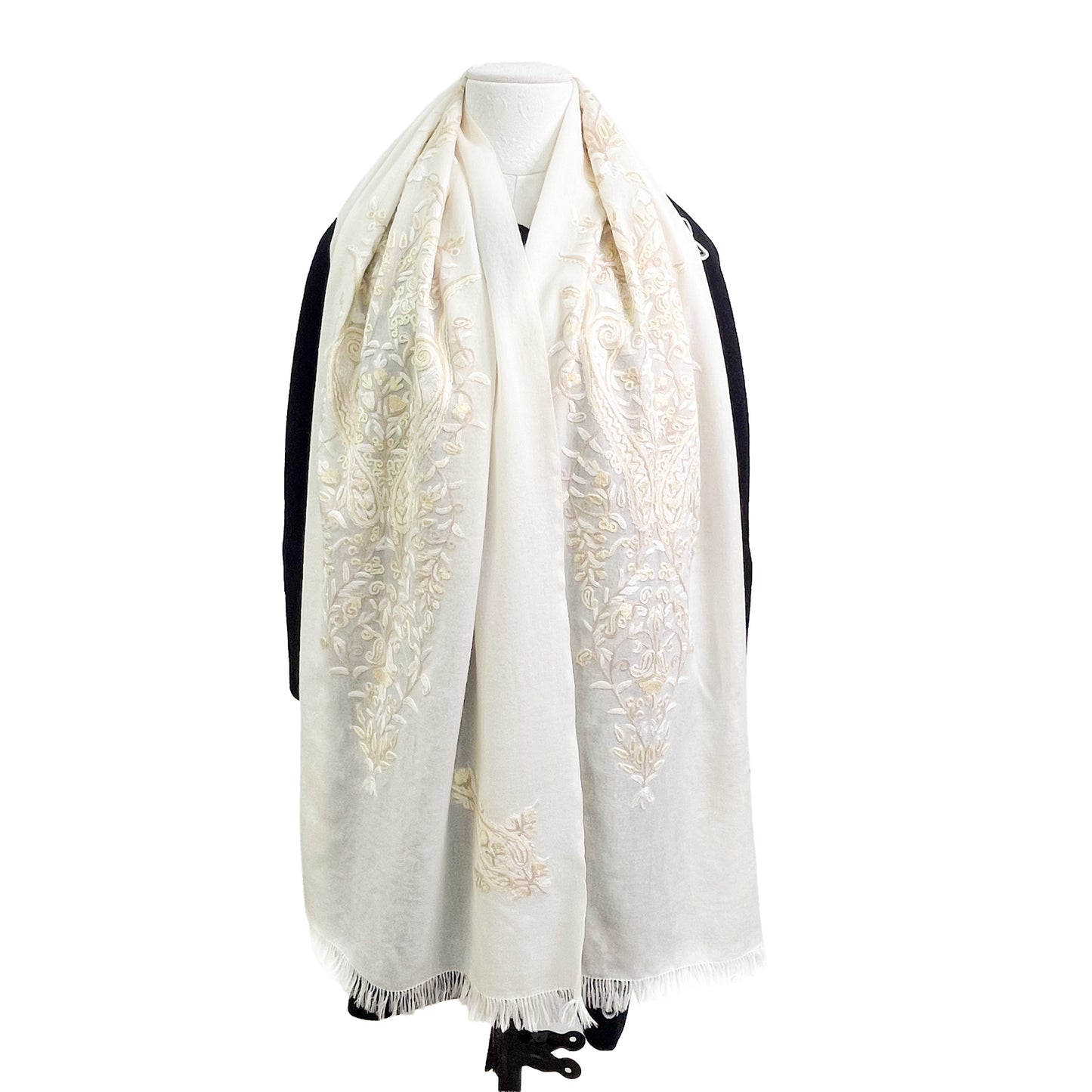[Free Shipping] Flower Motif Wool Allie Hand Embroidered Stole 50cm x 190cm (Gray)