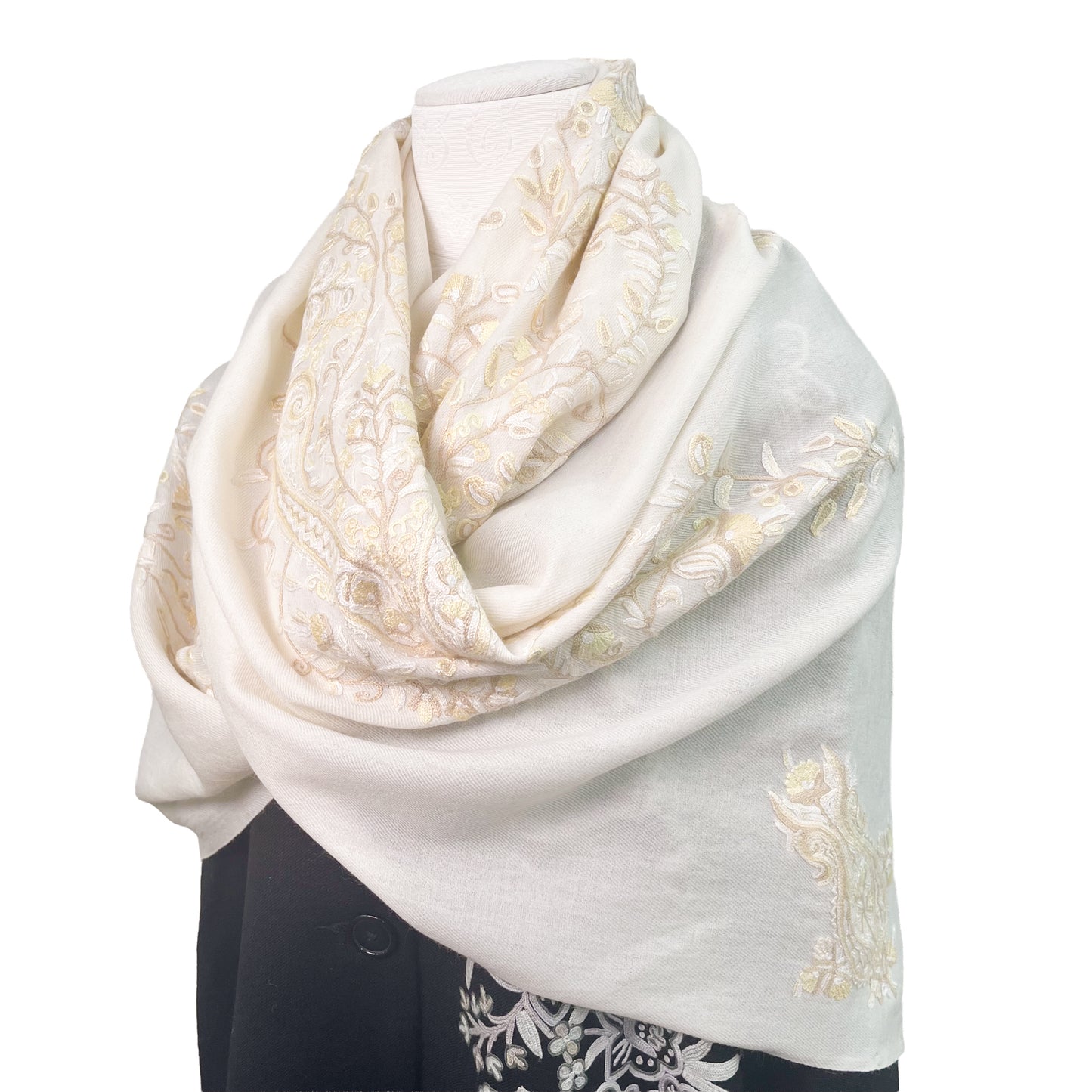 [Free Shipping] Flower Motif Wool Allie Hand Embroidered Stole 50cm x 190cm (Gray)