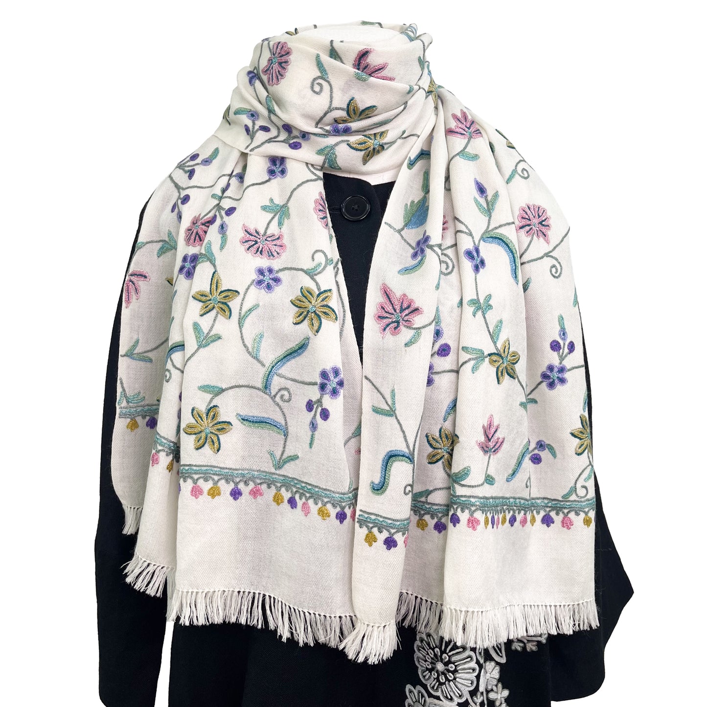 Wool Arly Hand Embroidered Stole (White/Light Green)