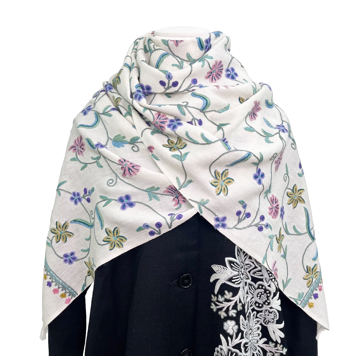 Wool Arly Hand Embroidered Stole (White/Light Green)