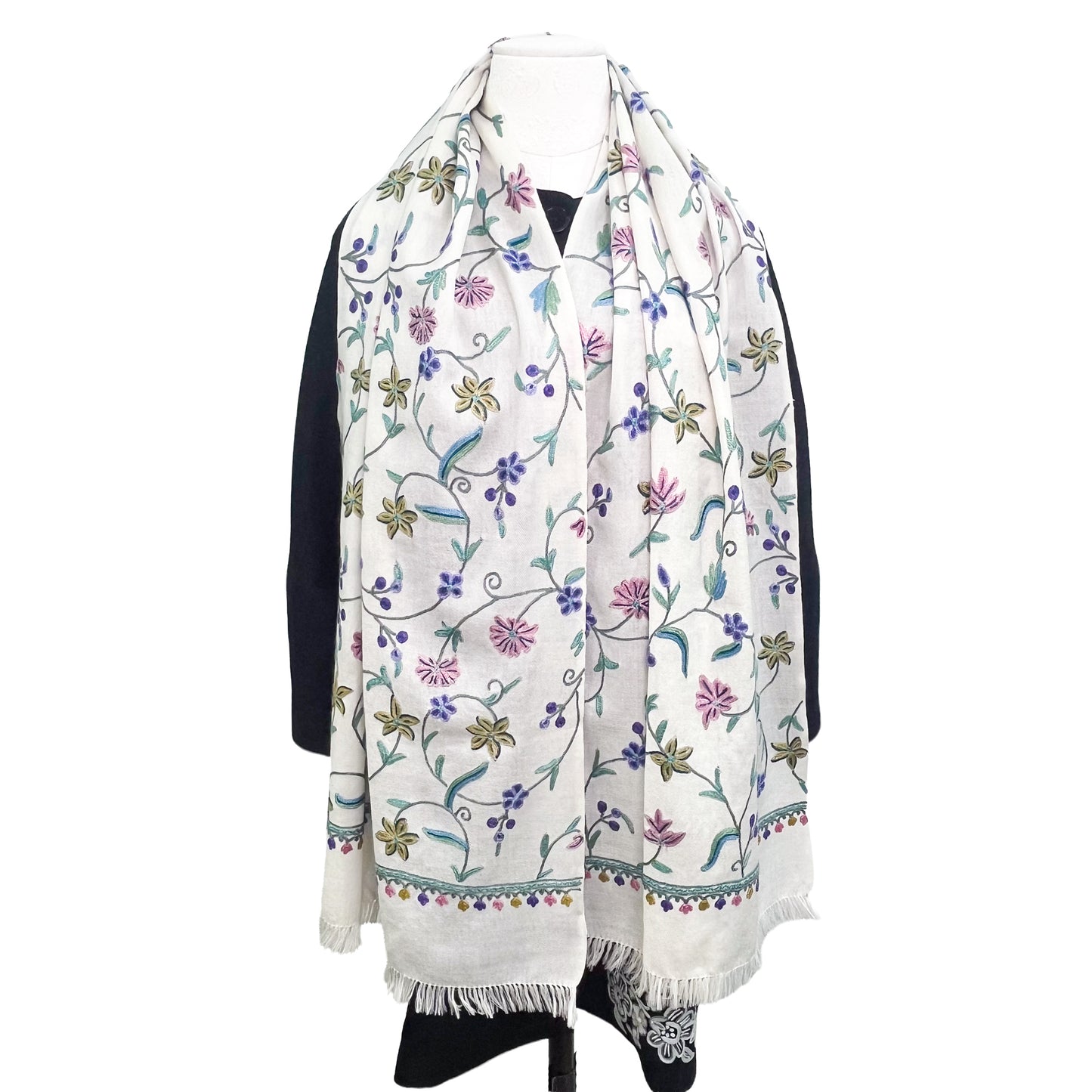 Wool Arly Hand Embroidered Stole (White/Light Green)