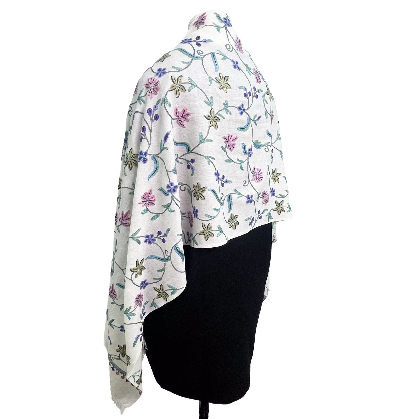 Wool Arly Hand Embroidered Stole (White/Light Green)