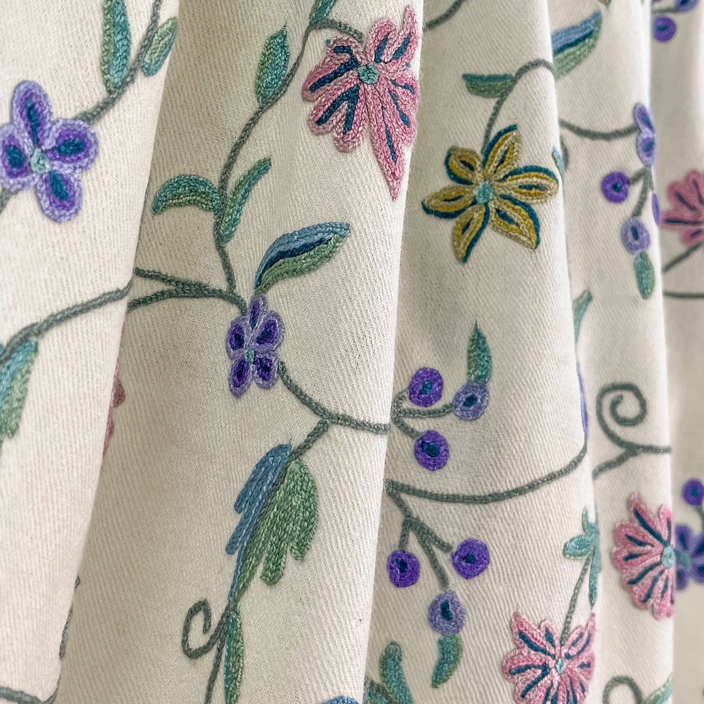 Wool Arly Hand Embroidered Stole (White/Light Green)