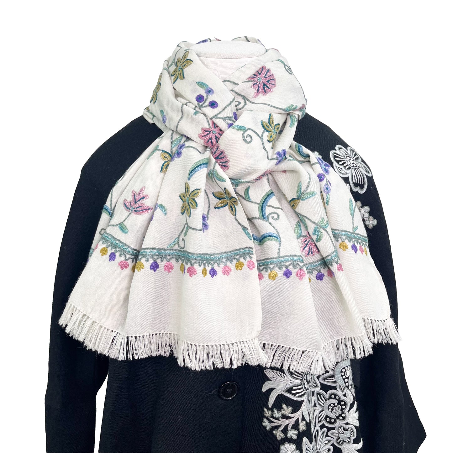 Wool Arly Hand Embroidered Stole (White/Light Green)