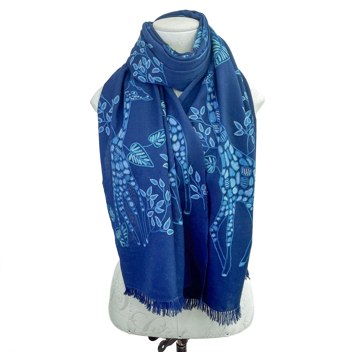 キリン柄サファリダンス ウール アリー手刺繍ストール (ネイビーブルー)