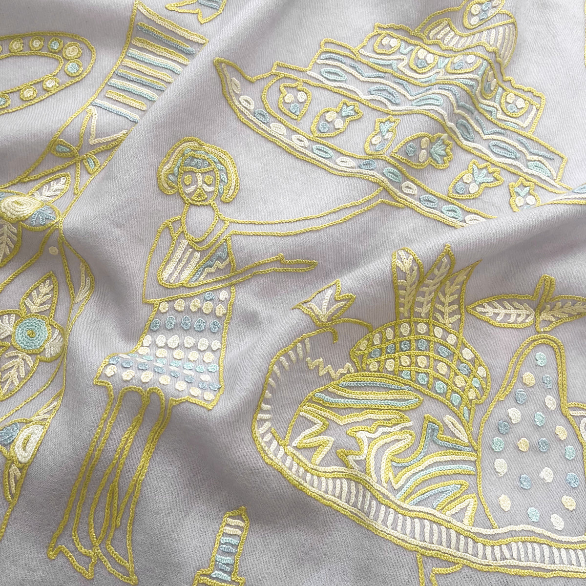 PARTY ウール アリー手刺繍ストール (ライトグレー/イエロー)