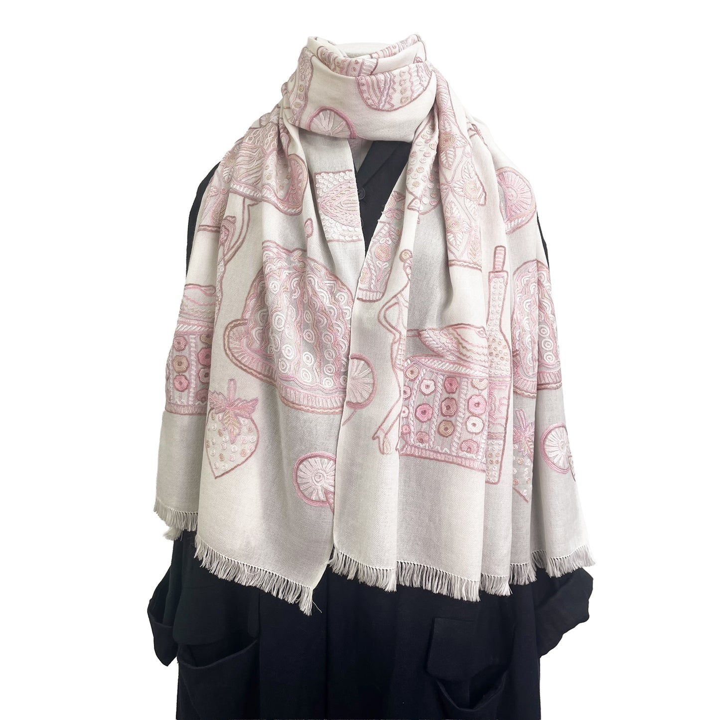 PARTY ウール アリー手刺繍ストール (ホワイト/ピンクベージュ)