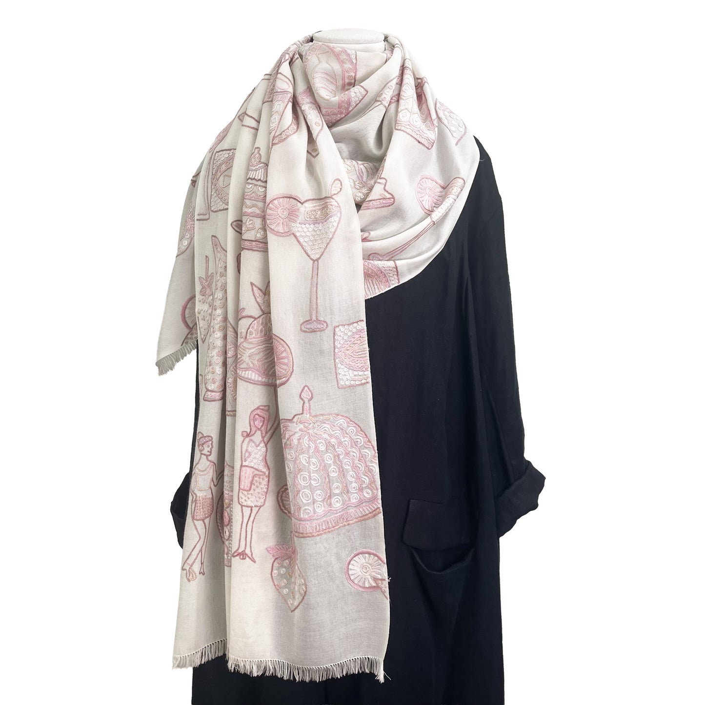 PARTY ウール アリー手刺繍ストール (ホワイト/ピンクベージュ)