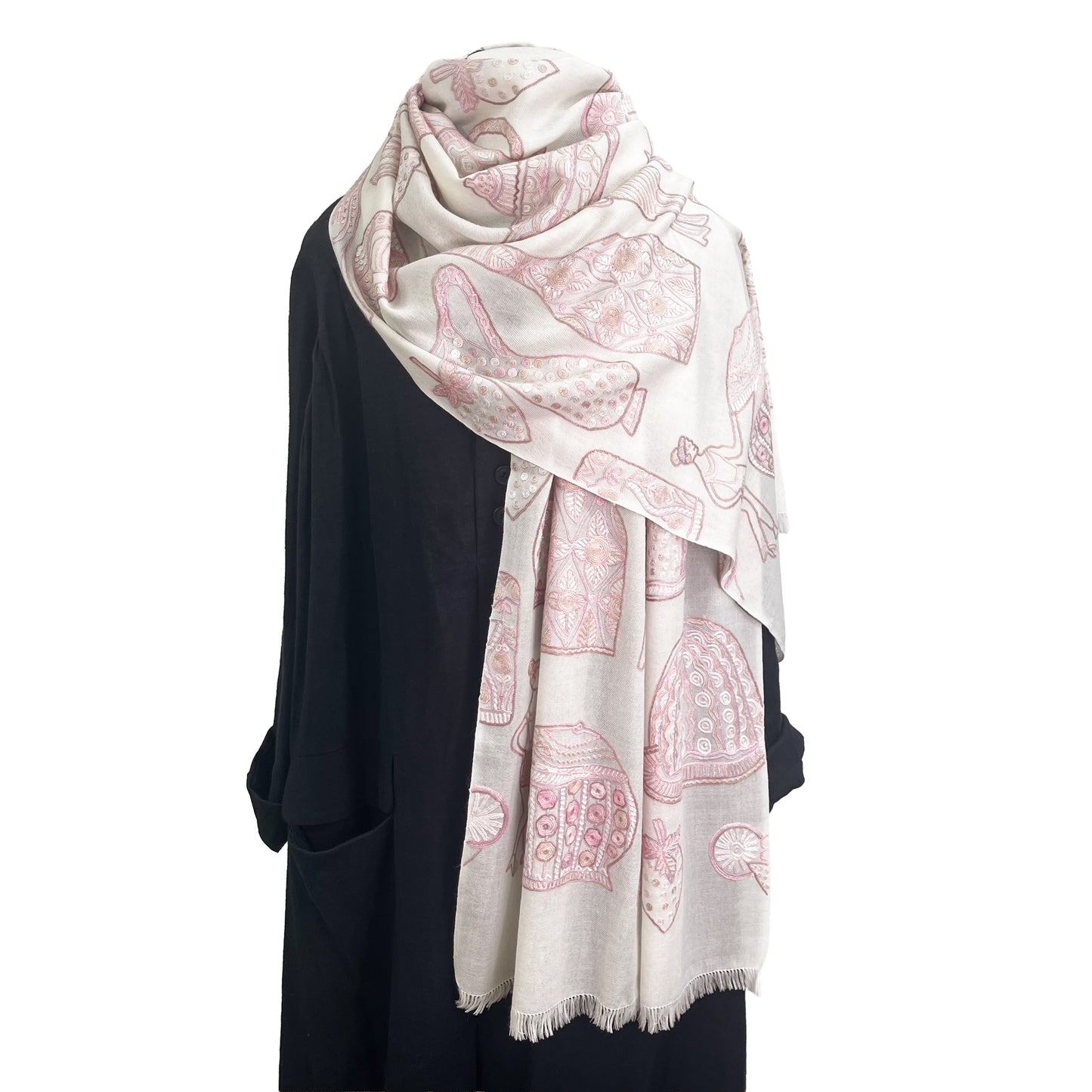 PARTY ウール アリー手刺繍ストール (ホワイト/ピンクベージュ)