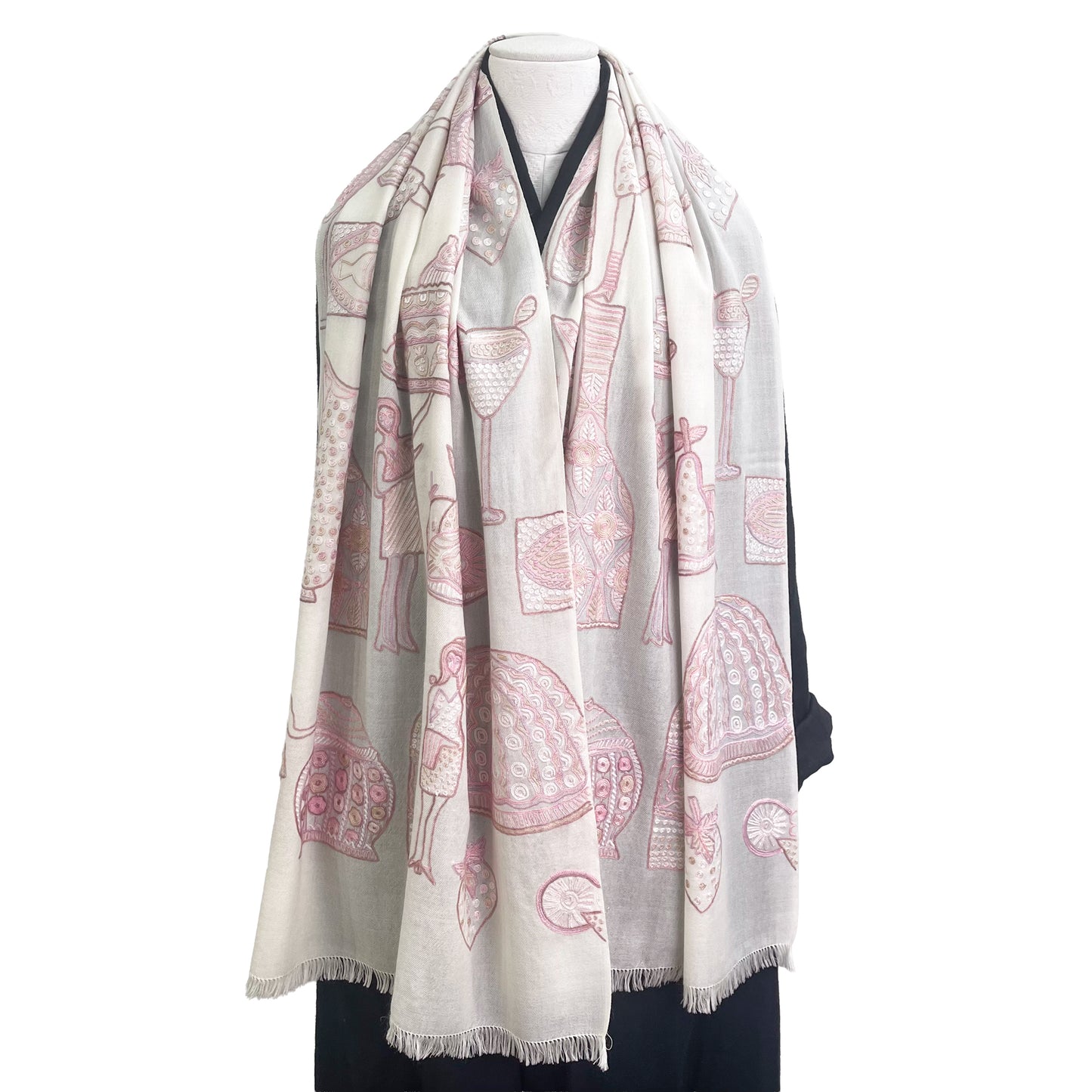 PARTY ウール アリー手刺繍ストール (ホワイト/ピンクベージュ)