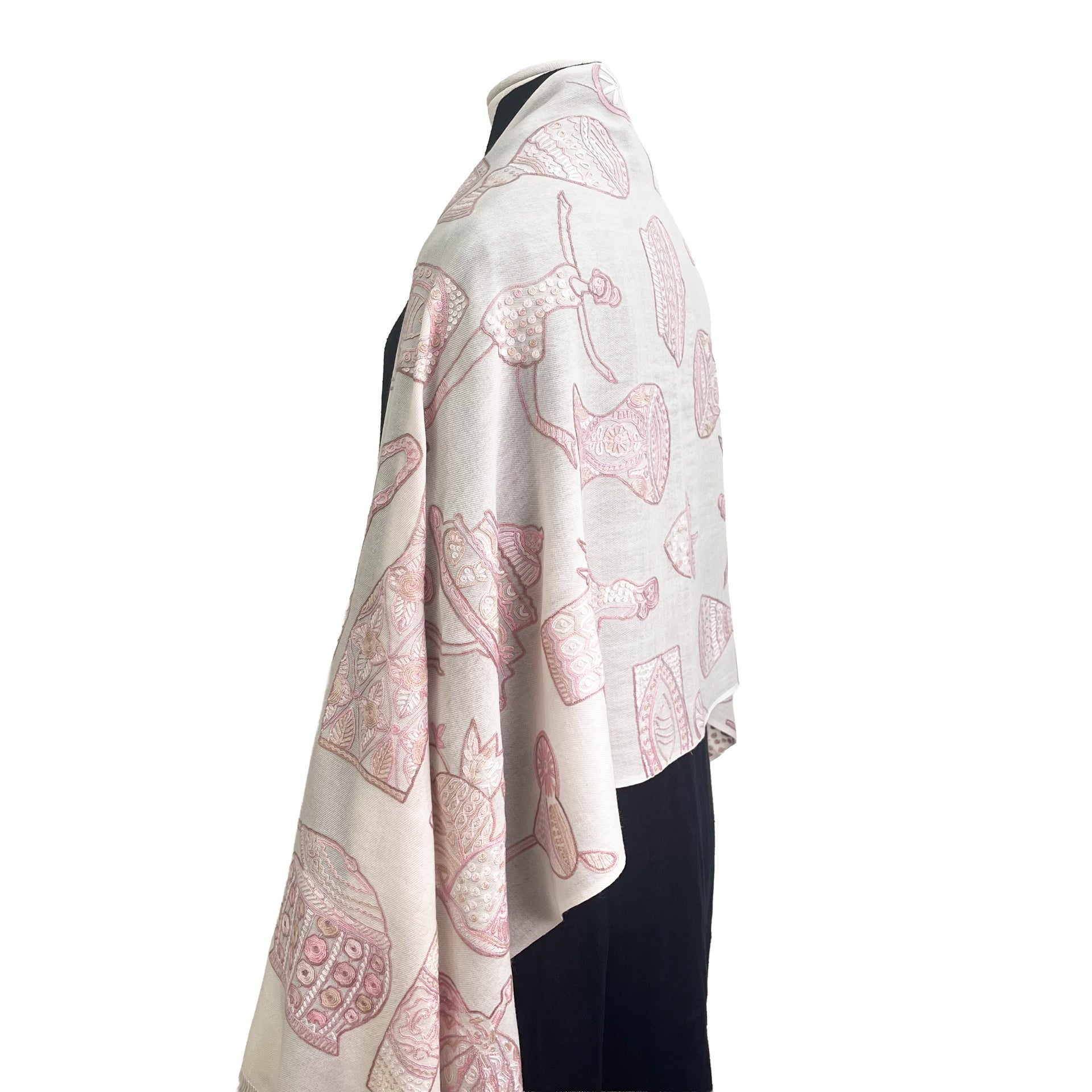 PARTY ウール アリー手刺繍ストール (ホワイト/ピンクベージュ) – TARA