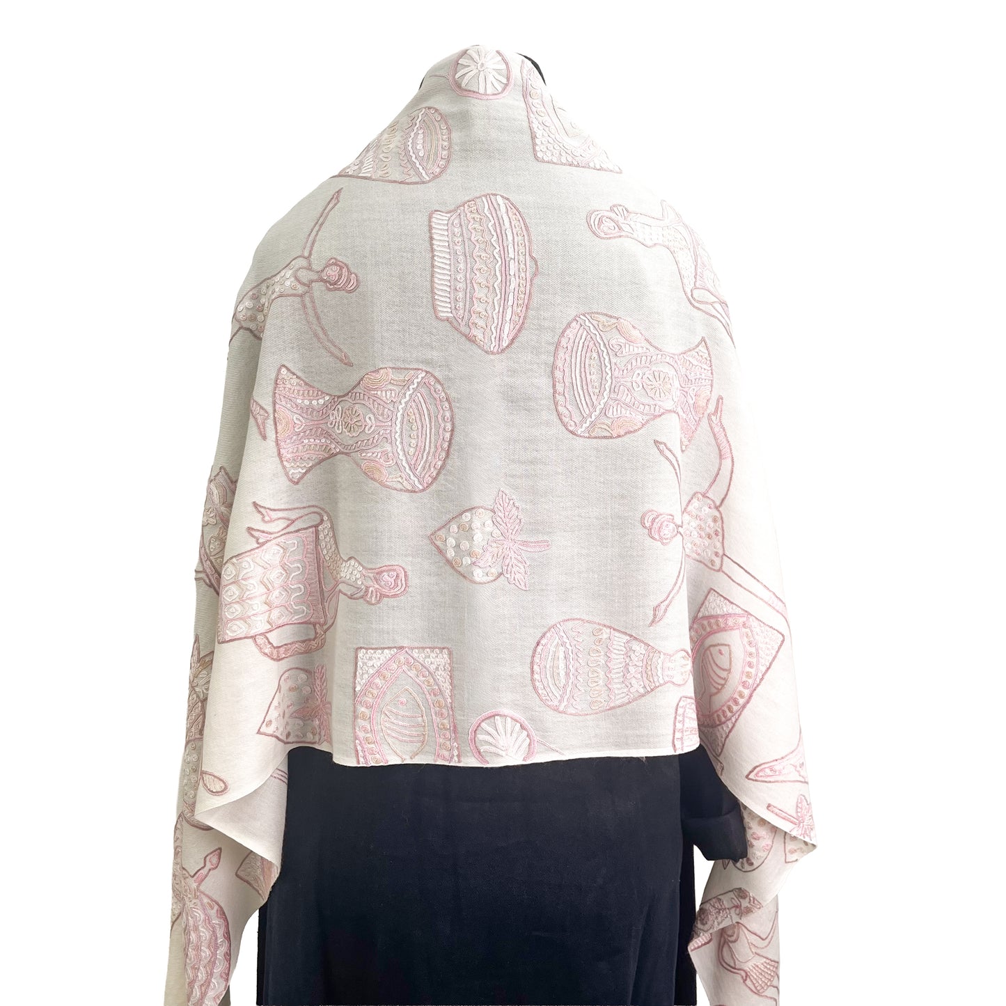 PARTY ウール アリー手刺繍ストール (ホワイト/ピンクベージュ)