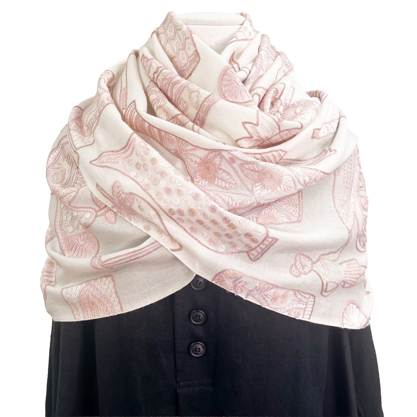 PARTY ウール アリー手刺繍ストール (ホワイト/ピンクベージュ)