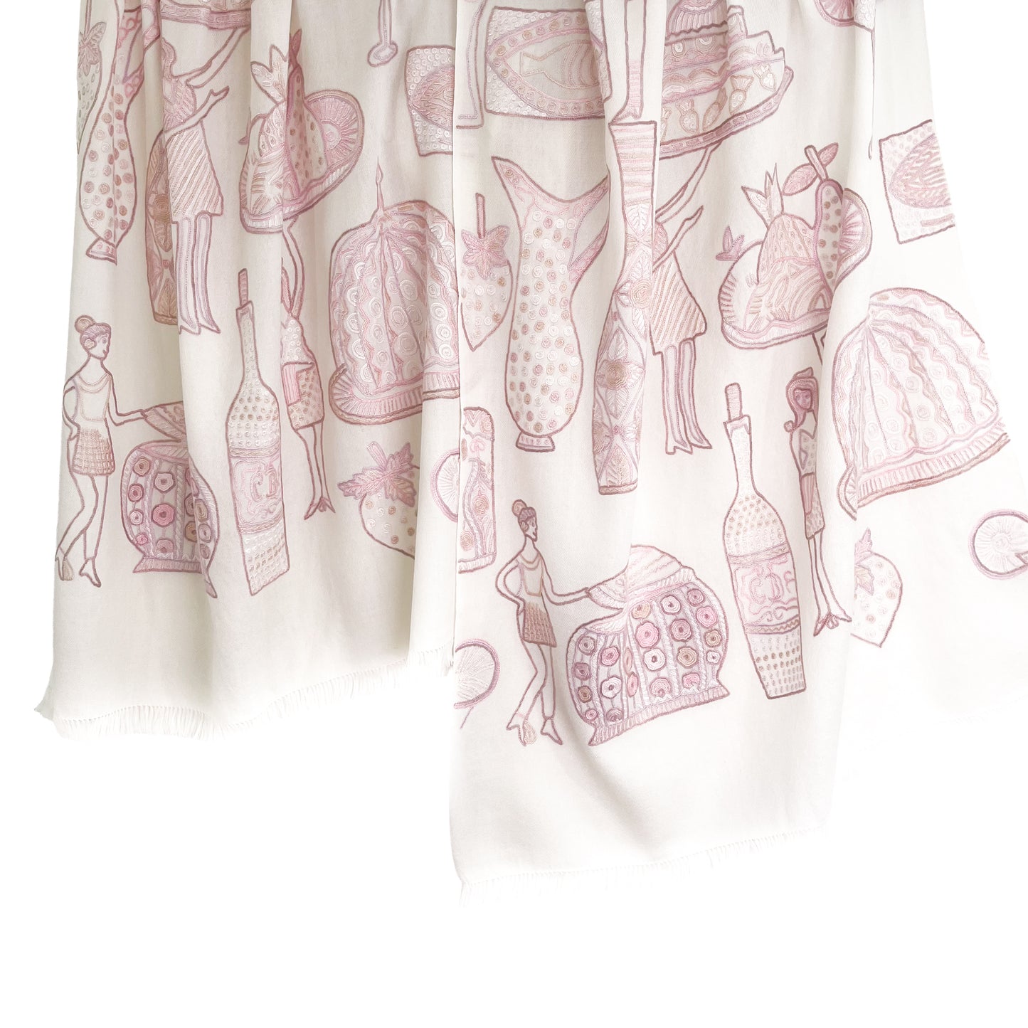 PARTY ウール アリー手刺繍ストール (ホワイト/ピンクベージュ)