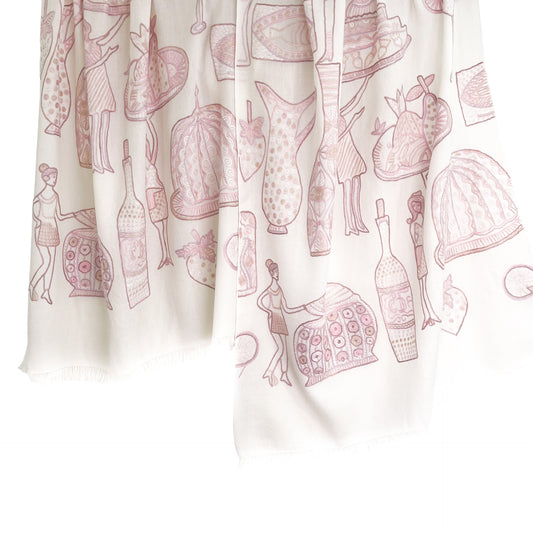 PARTY ウール アリー手刺繍ストール (ホワイト/ピンクベージュ)