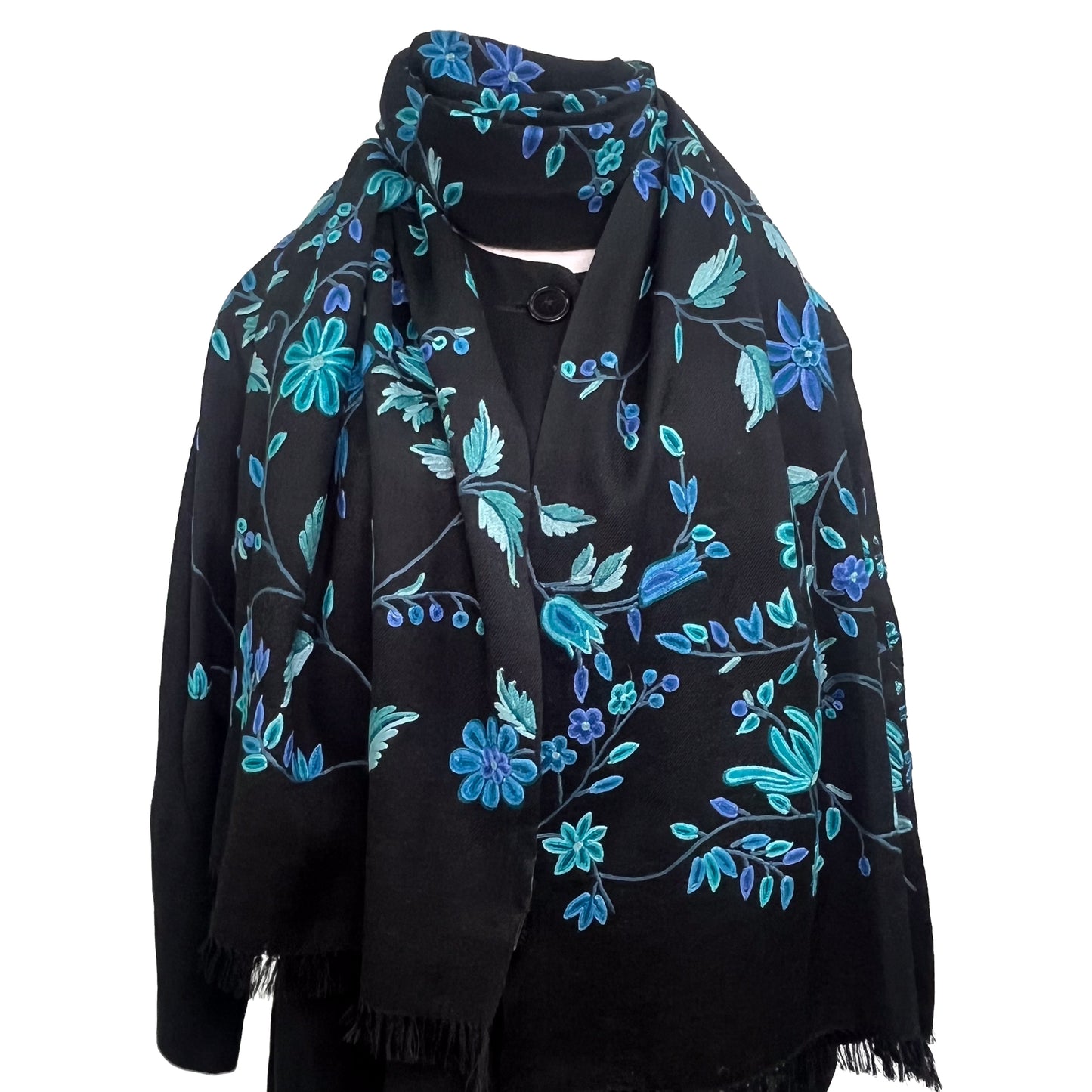 Wool Arly Hand Embroidered Stole (White/Light Green)