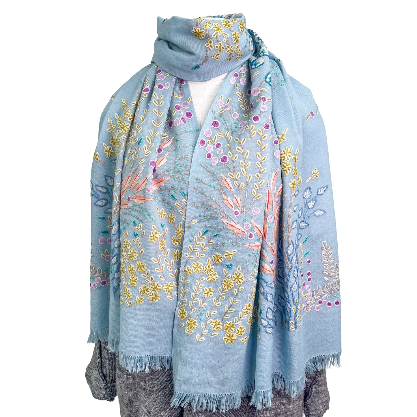 Flower motif thin wool &amp; silk Allie hand embroidered stole 60cm x 185cm (dark purple) S-WTA8002_0123