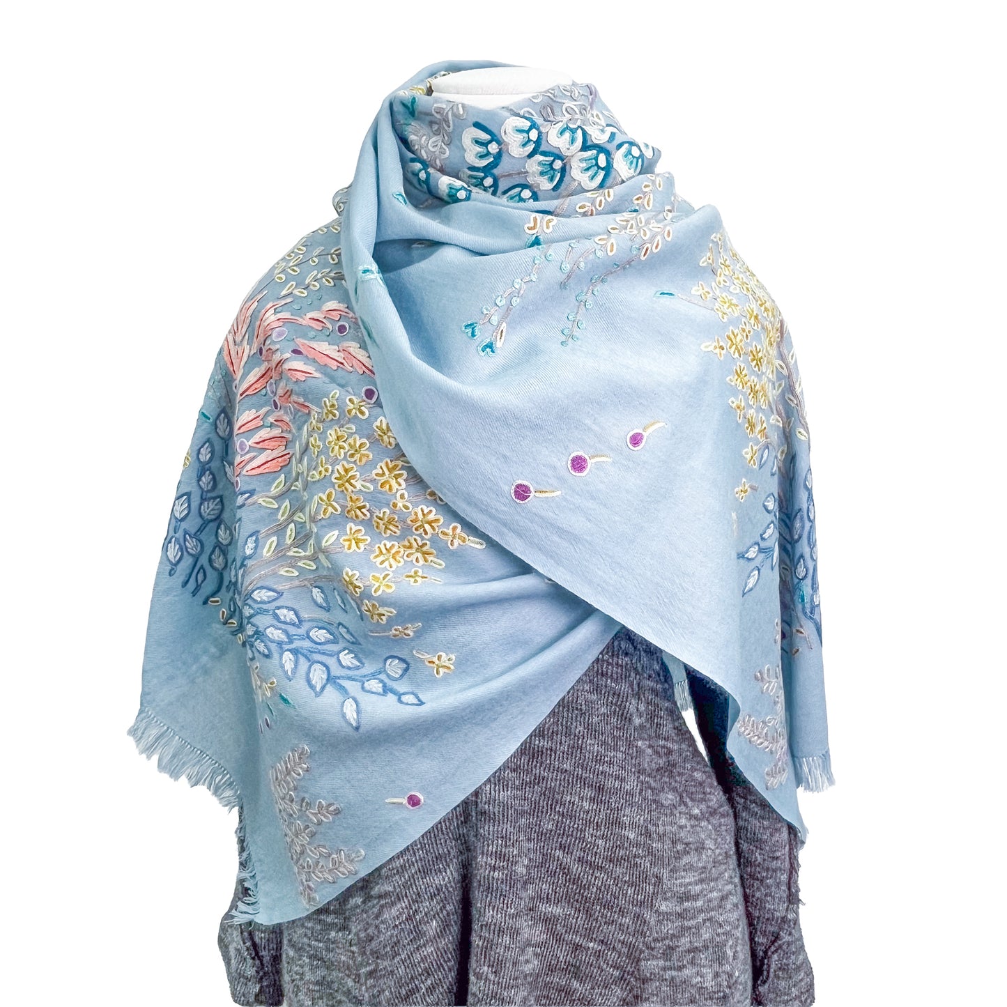 Flower motif thin wool &amp; silk Allie hand embroidered stole 60cm x 185cm (dark purple) S-WTA8002_0123